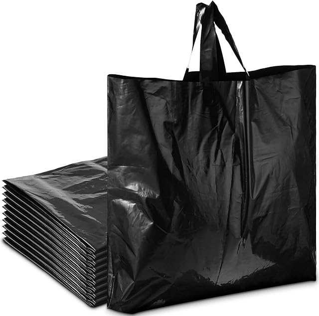 Zonon 80 Pieces 18 x 14 Inch Large Boutique Merchandise Bags with Handles and Bottom Gusset, 3.3 Mil Thick Black Plastic Shopping Bags Goodie Bags for Retail Clothing Grocery Store