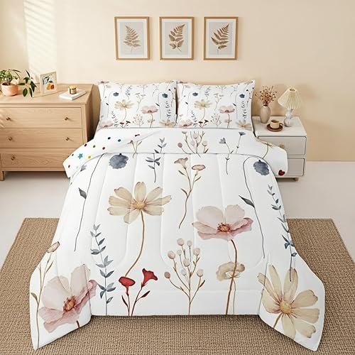 Erosebridal Watercolor Floral Comforter Set Twin Size, Coral Beige Flower