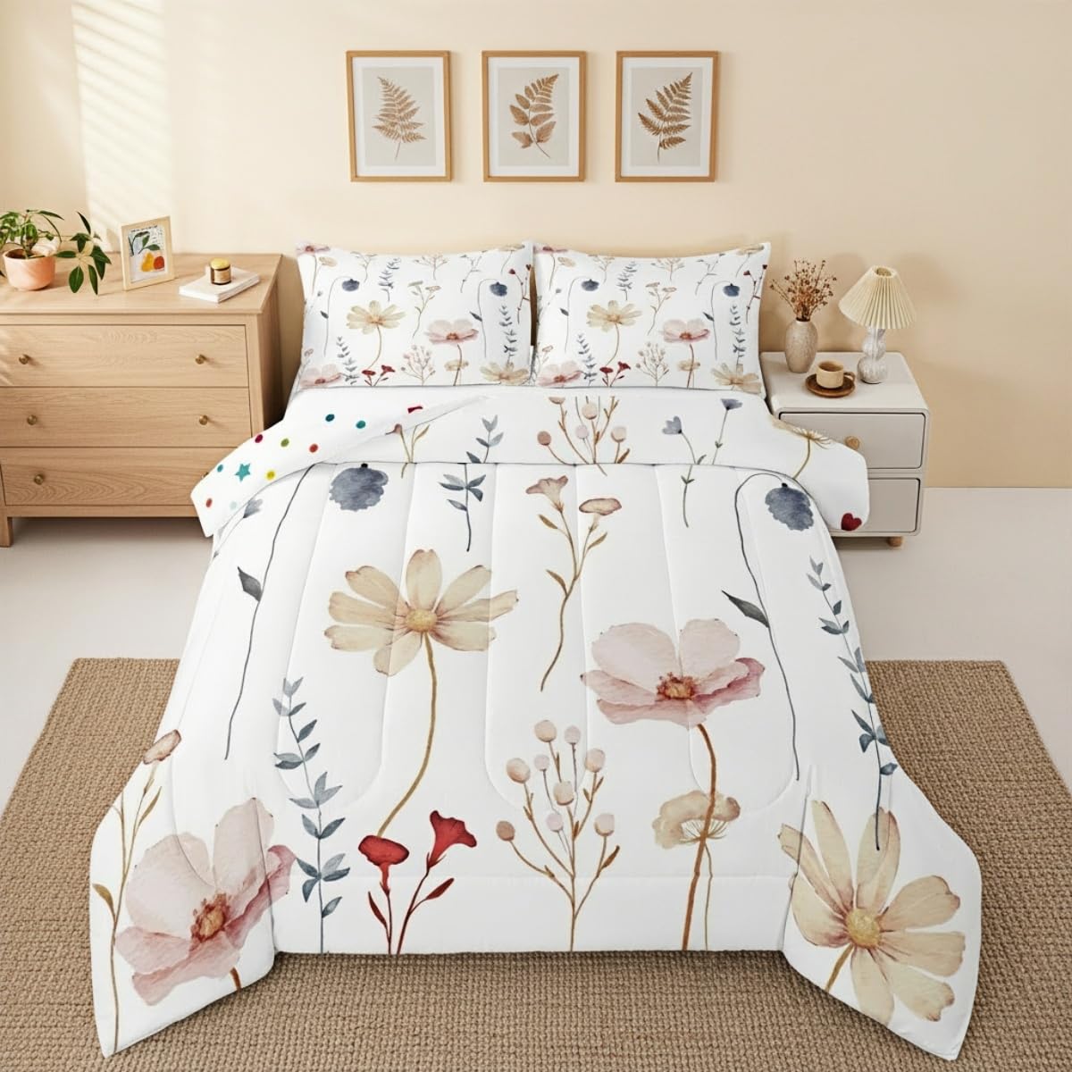 Erosebridal Watercolor Floral Comforter Set Twin Size, Coral Beige Flower Bedding Set for Teens Adult Women Bedroom, Modern Minimalist White Duvet
