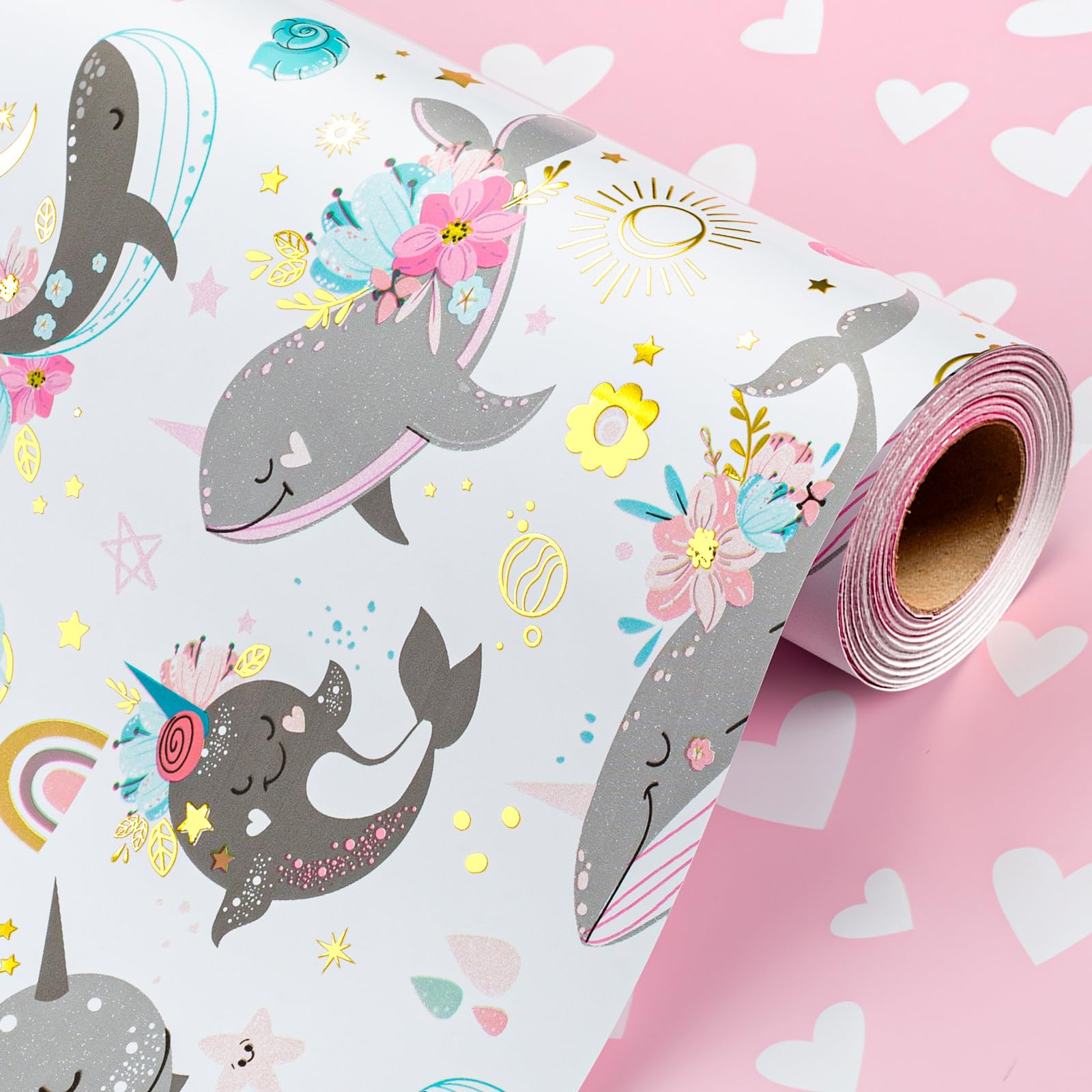 Wikadlik Baby Shower Wrapping Paper Roll - Cute Shark and Heart Pattern Gift Wrap Paper for Birthday, Newborn, Party, Boy and Girl - 43cm x 10m — image 1