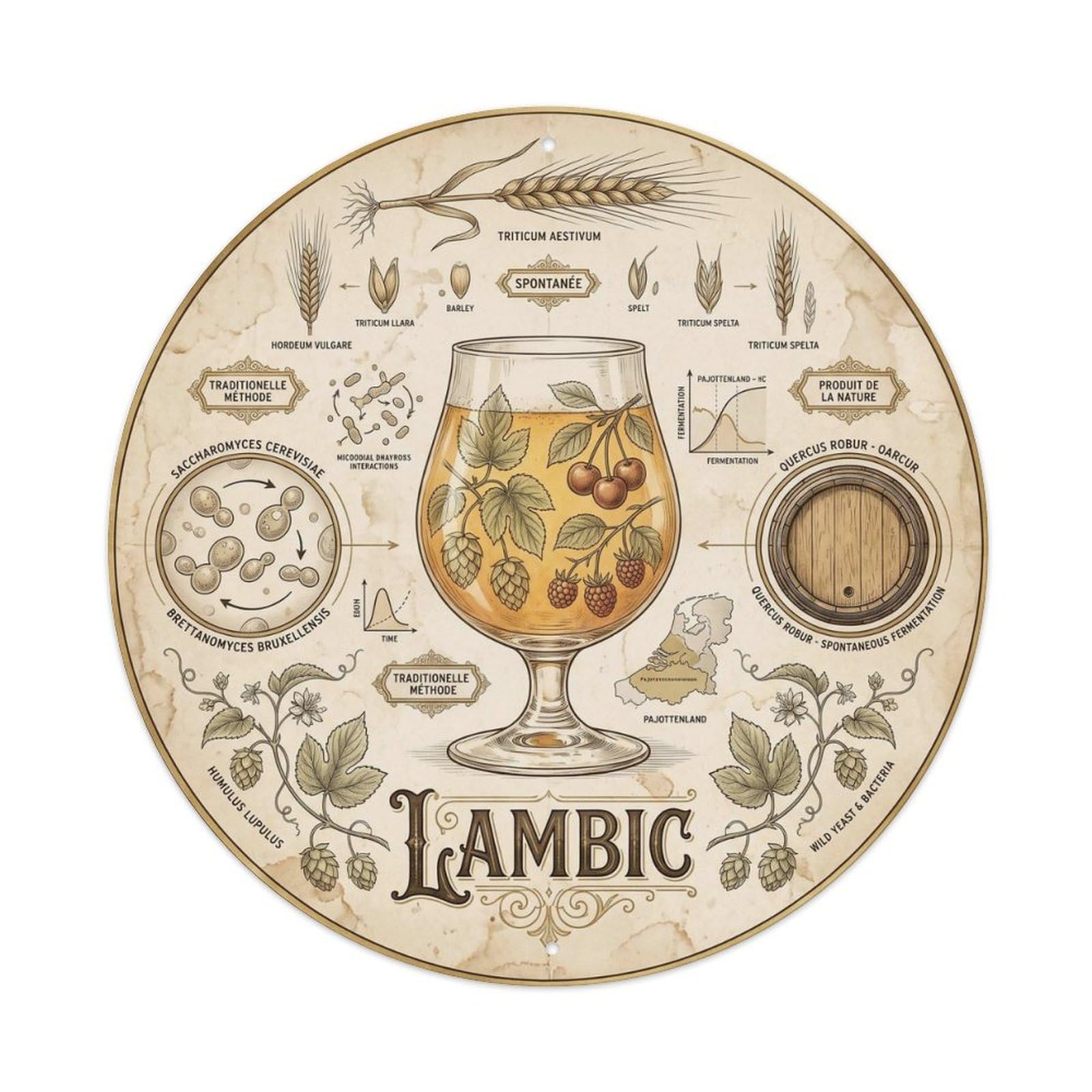 Lambic Sour Beer Pub Brewery Heritage Belgian Hops Malt Metal Tin Sign
