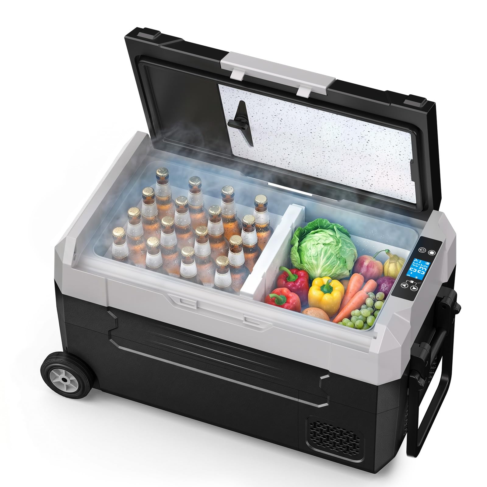 Kompressor Kühlbox Dual-Zone (-20°C bis +20°C), elektrisch für 12V/24V/230V – mit Rollen, Trennwand & Schneidebrett – ideal für Camping, Auto, LKW, Wohnmobil,35L/45L/55L