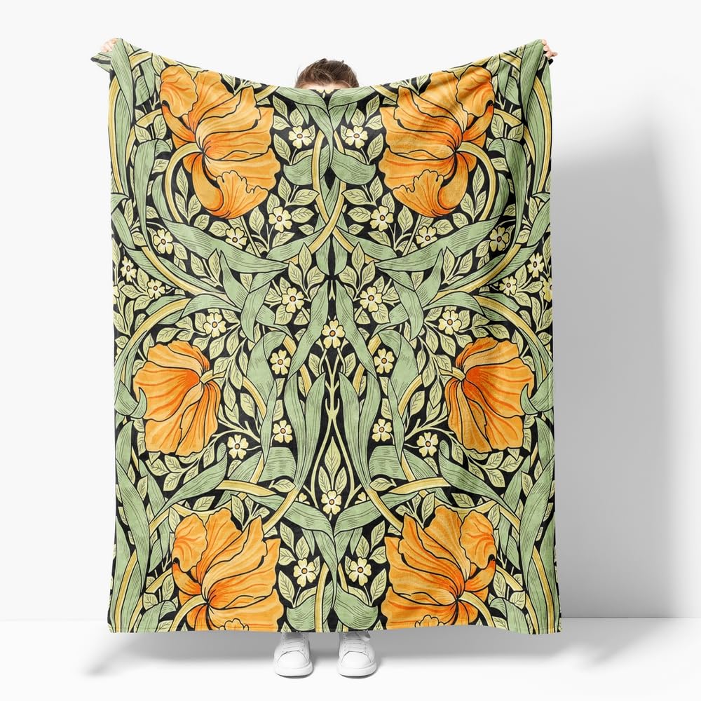 Fchen art Botanical Sage Green Yellow Large Throw Blanket,William Morris Tole Blanket,William Morris Holland Park Fleece Flannel Throw Newborn Swaddle Blankets,Blankets For Sofa Couch 125x150cm