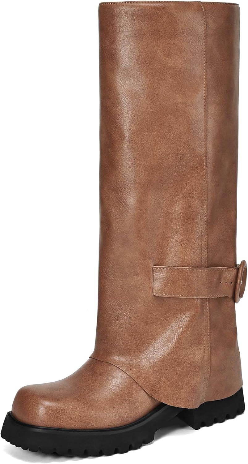 Women's Knee High Riding Boots Square Toe Chunky Low Heel Motorcycle Boots Slouchy Fold Over Moto Biker Boots for Women Brown 8