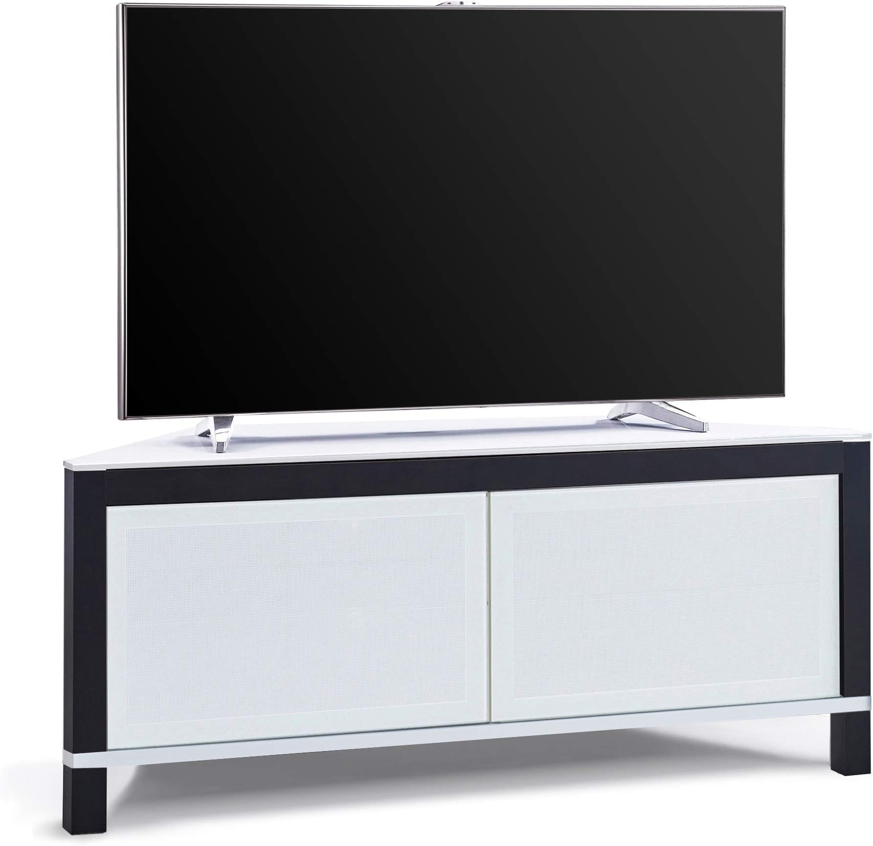 MDA DesignsVolans Remote Friendly Beam-Thru Tru-Corner Glass Interchangable White/Black Panel 2-Door Flat Screen TV Corner Cabinet