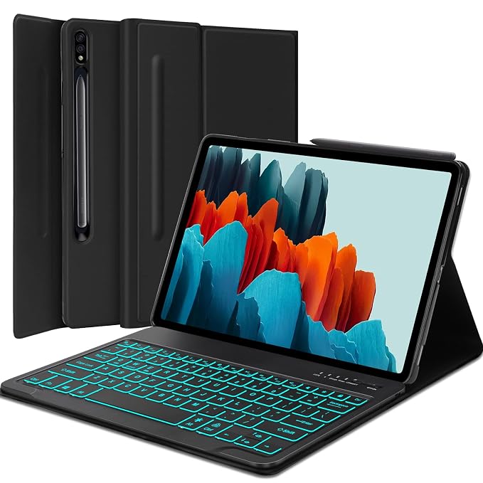 OYOSUOGG Samsung Galaxy Tab S7 FE Backlit Keyboard Case 12.4" 2021,(SM-T730/T733/T736/T738),Tab S7 Plus 2020,7 Color Backlight Keyboard- Protective Stand Cover with Detachable Bluetooth Keyboard-Black