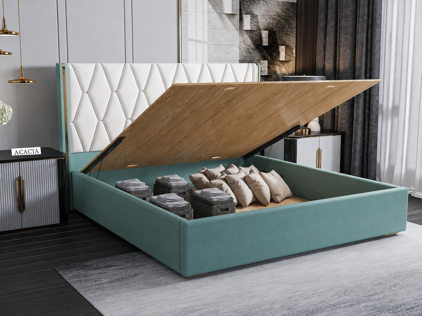 Acacia Modern Upholstered King Size Bed with Hydraulic Storage for Bedroom | Wooden Furniture Double Beds for Home & Hotels, Platform Cot with Upholstery Fabric, 6.5 x 6 Ft, Sheesham Wood, White-Green