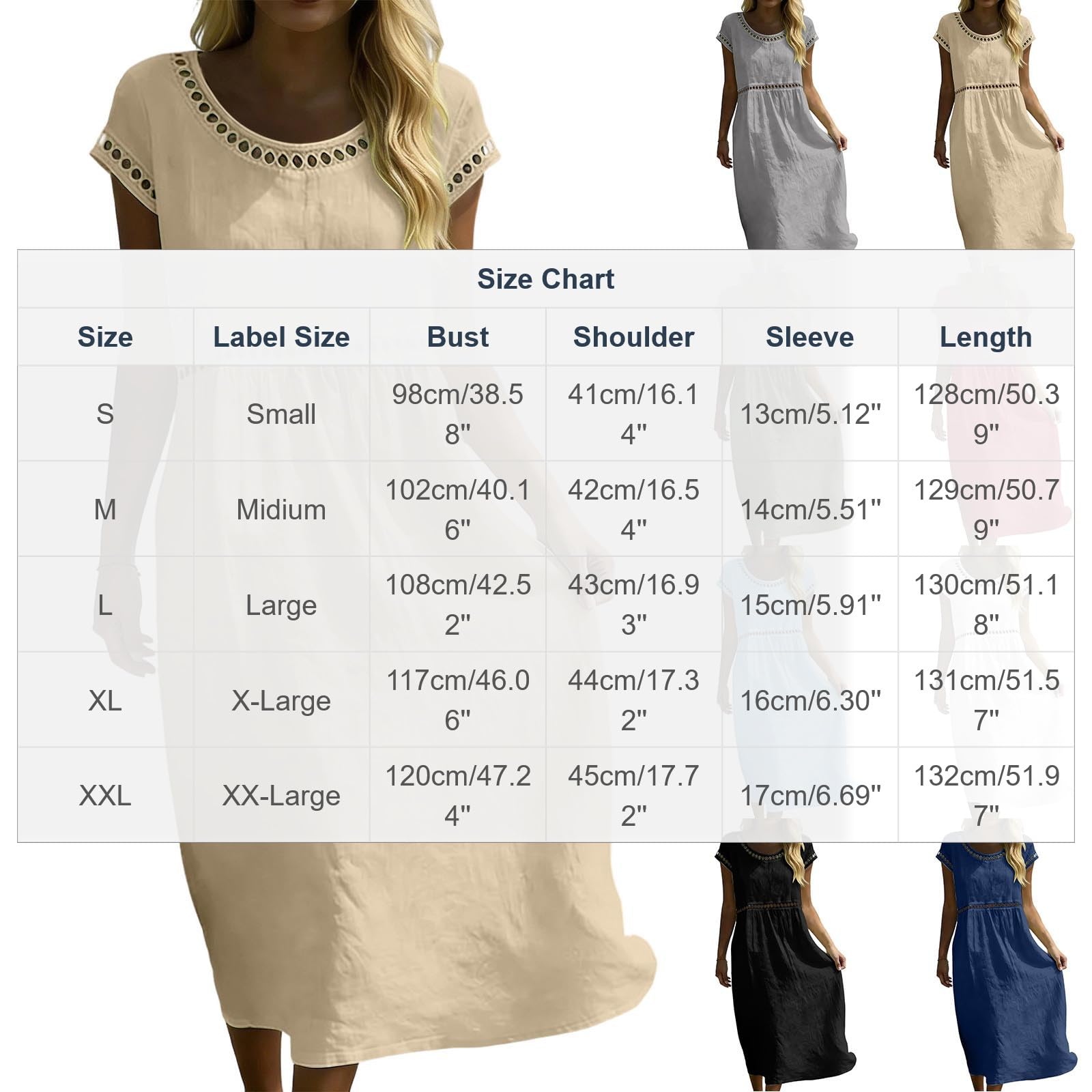 Générique Robe Femme Chic D'Été en Lin Coton Robe Ajourée Respirant Manches Courtes Col Rond Robes Tunique Decontractée Casual Dress Droite Robes de Soiree Plage Confort Léger Dress