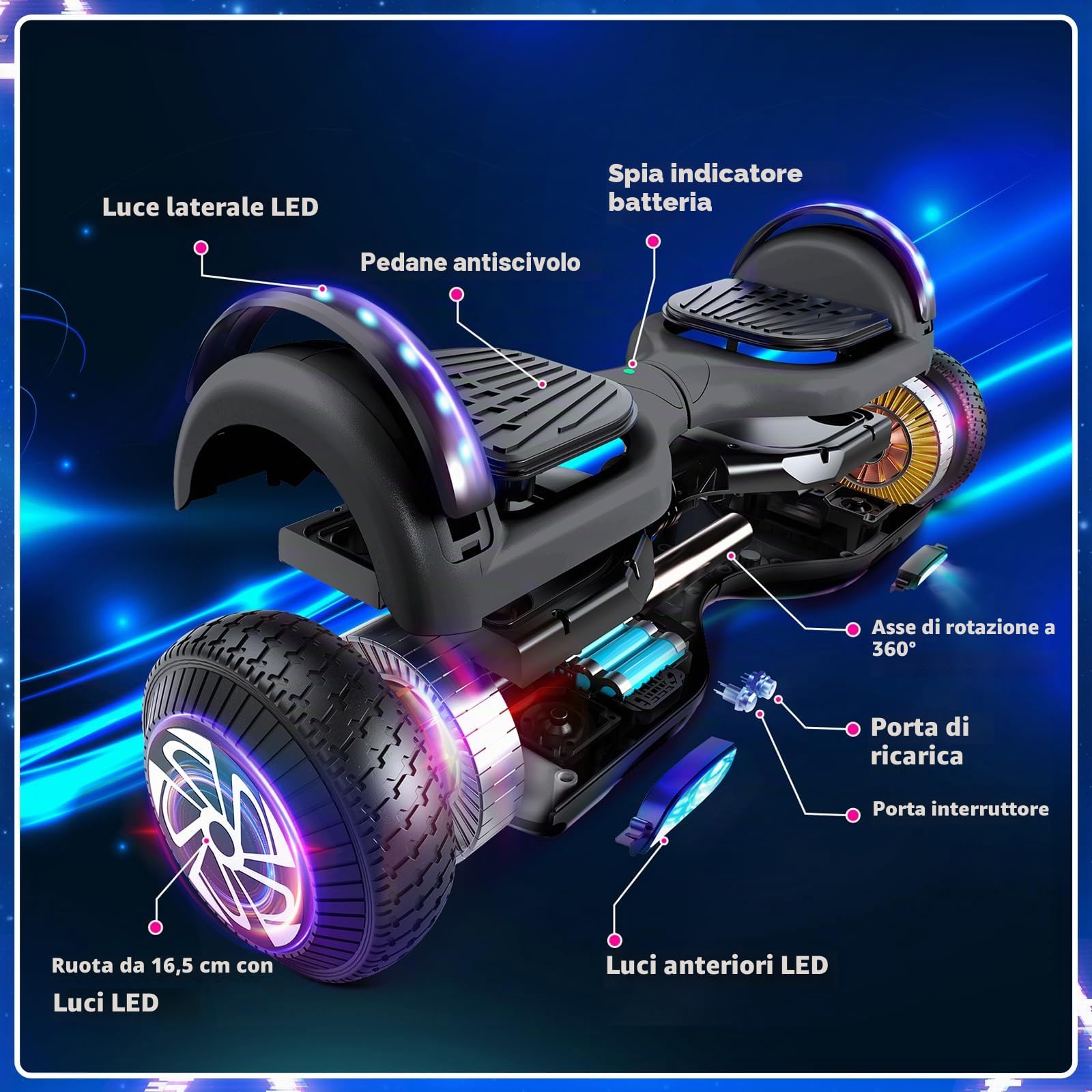 Hoverboard fuoristrada con luci a LED, auto-bilanciamento Off Road Hoverboard con Bluetooth per bambini 6-12 anni