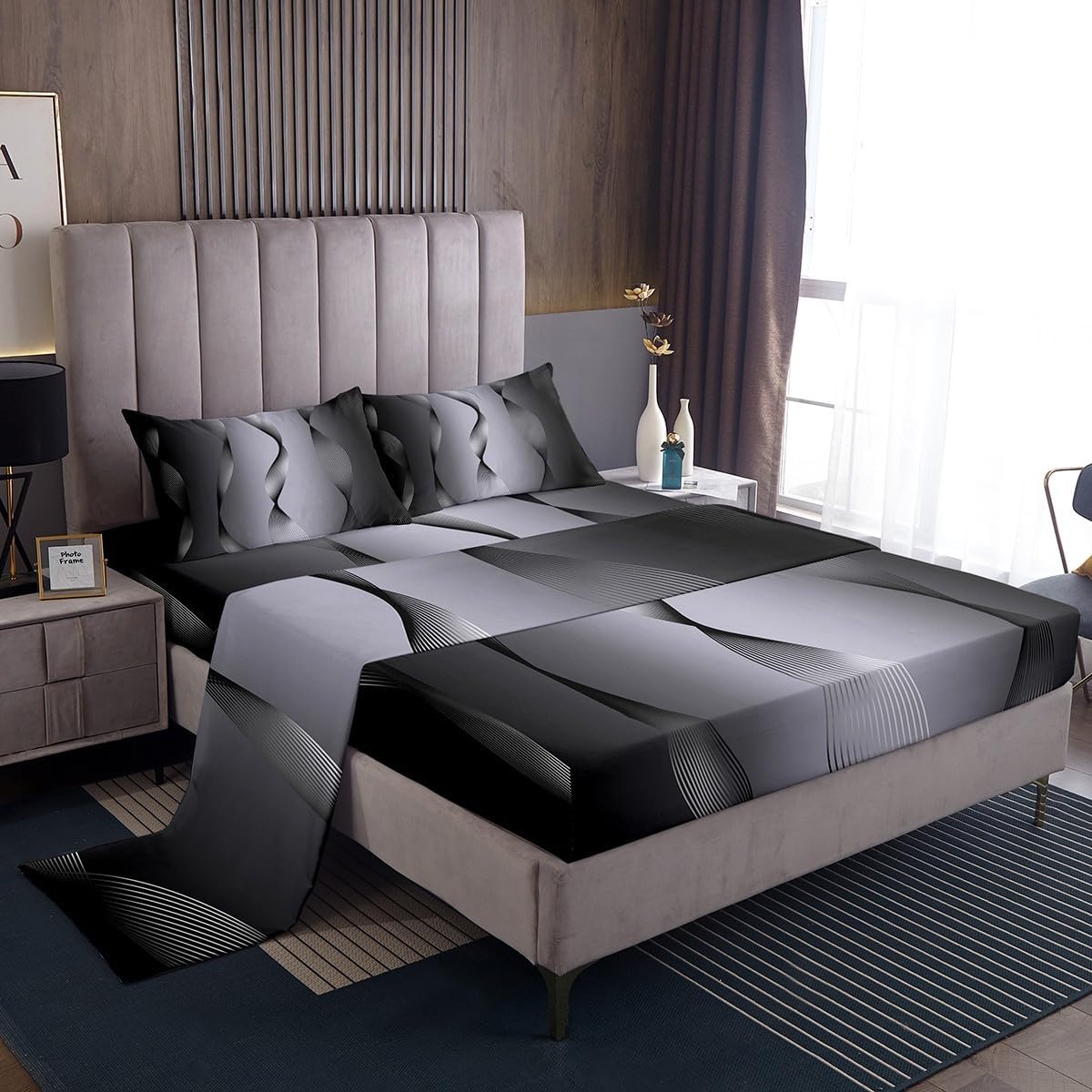 Erosebridal Gradient Black and Greyish White Sheet Sets Full,Silver Foil Print Wave Striped Sheets Ombre Bed Sheets Set,Abstract Art Room Decor Aesthetic Flat Fitted Sheet