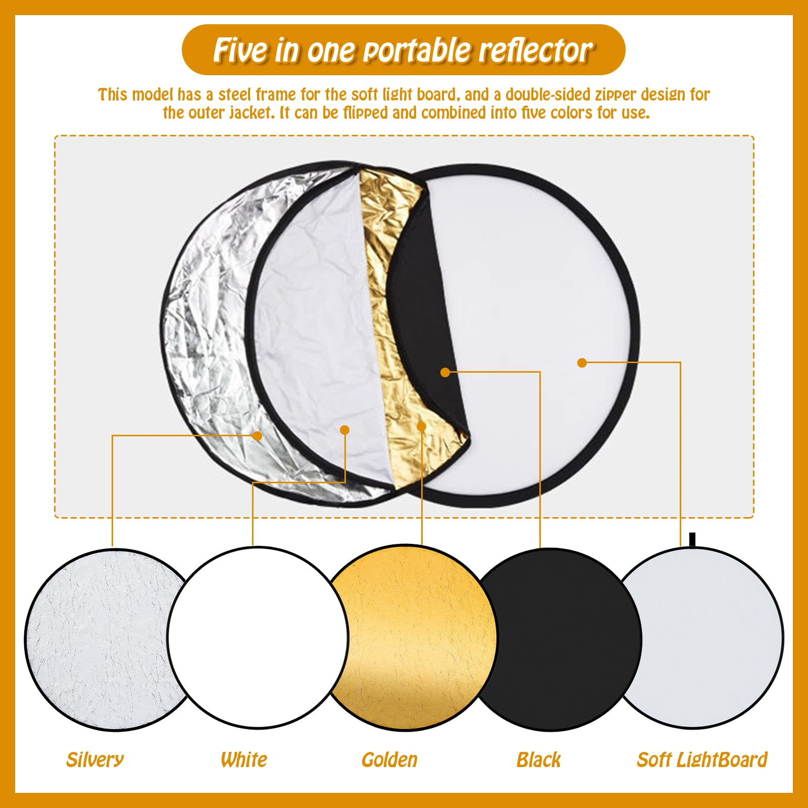 Reflektor fotograficzny 5 w 1, składany reflektor świetlny, akcesoria fotograficzne, 60 cm, składany reflektor, dyfuzor światła, reflektory, sprzęt reflektorów świetlnych do fotografii portretowej