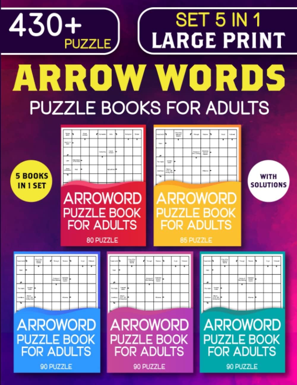5 In 1 Set Arrowwords Puzzle Books for Adults: Arrow Words Book for Adults Containing Over 430 Large Activity Puzzles with Solution to Exercise the Brain and Relieve Stress