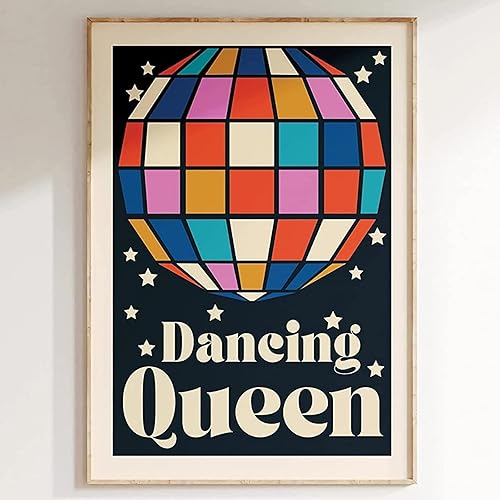 Póster de bola de discoteca vintage, póster estético retro de reina bailando, arte de pared, arte retro de discoteca, pintura estética colorida,