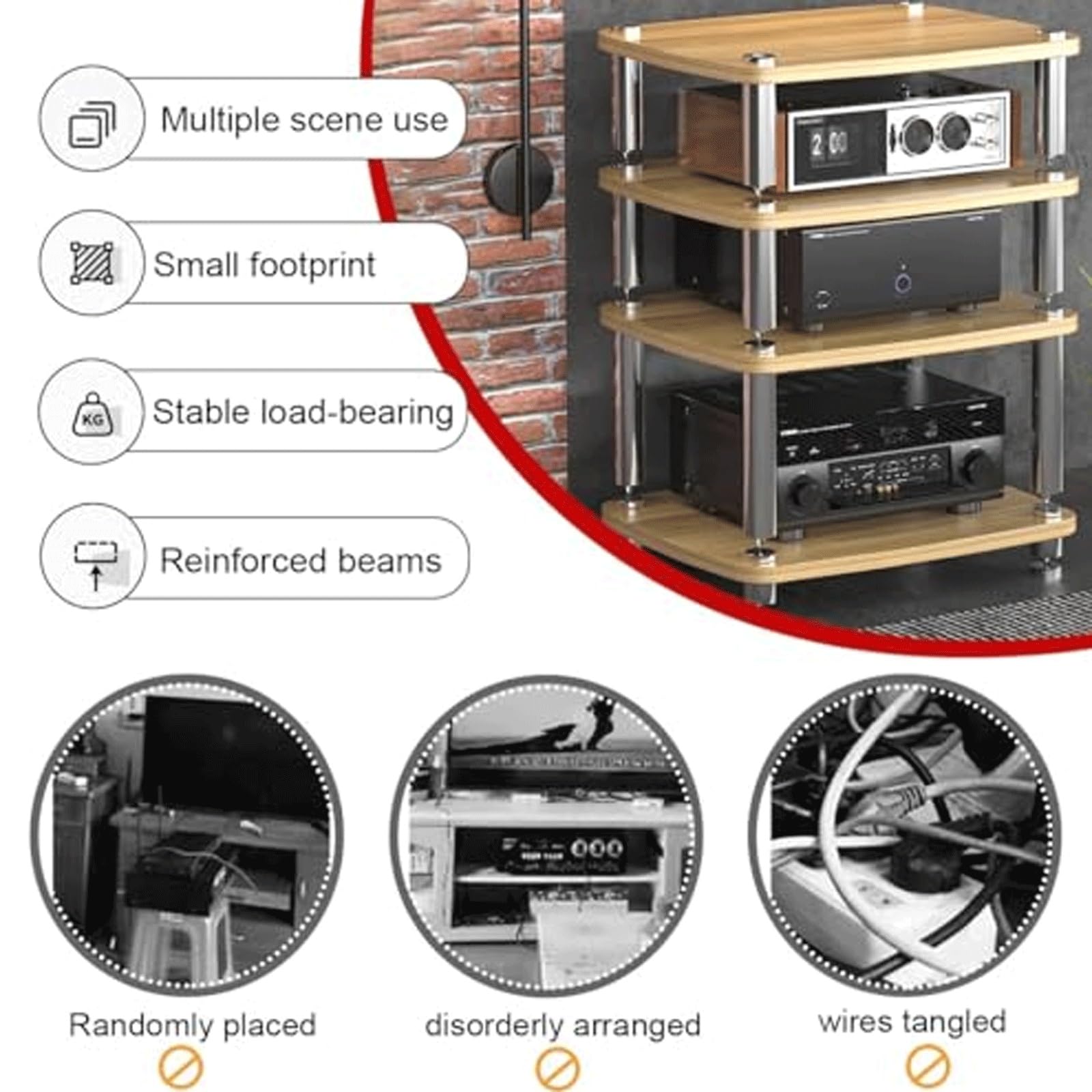 Stojak na nośniki audio HiFi na komponenty stereo, drewniana półka obrotowa CD, narożna konsola telewizyjna, kompatybilny z systemami gier, meblami kina domowego (biały, 1 poziom)