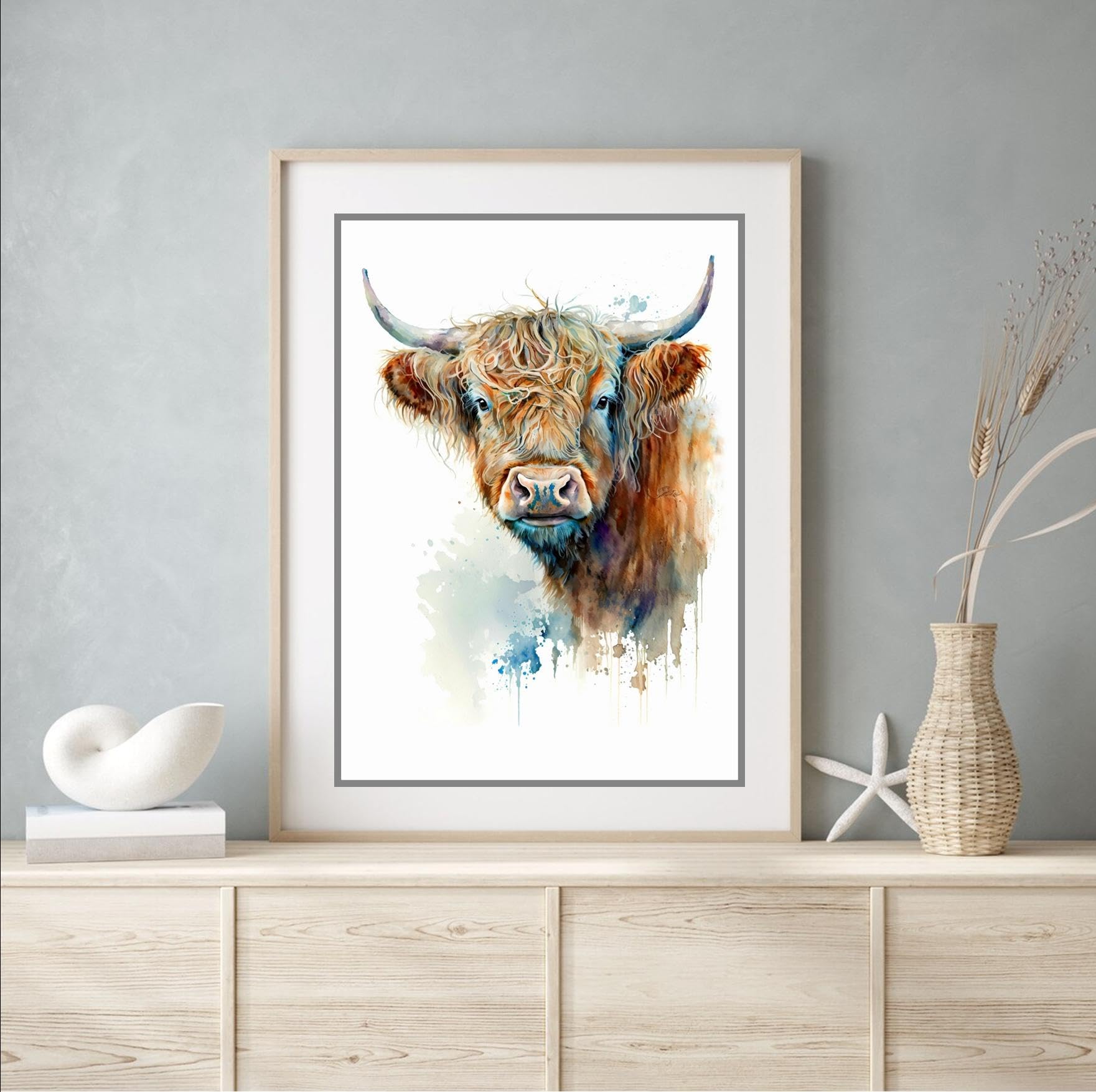 Beauitiful vivid fine art print of a Highland cow painting (picture 2) (A4 PRINT ONLY 29.7 X 21CM)