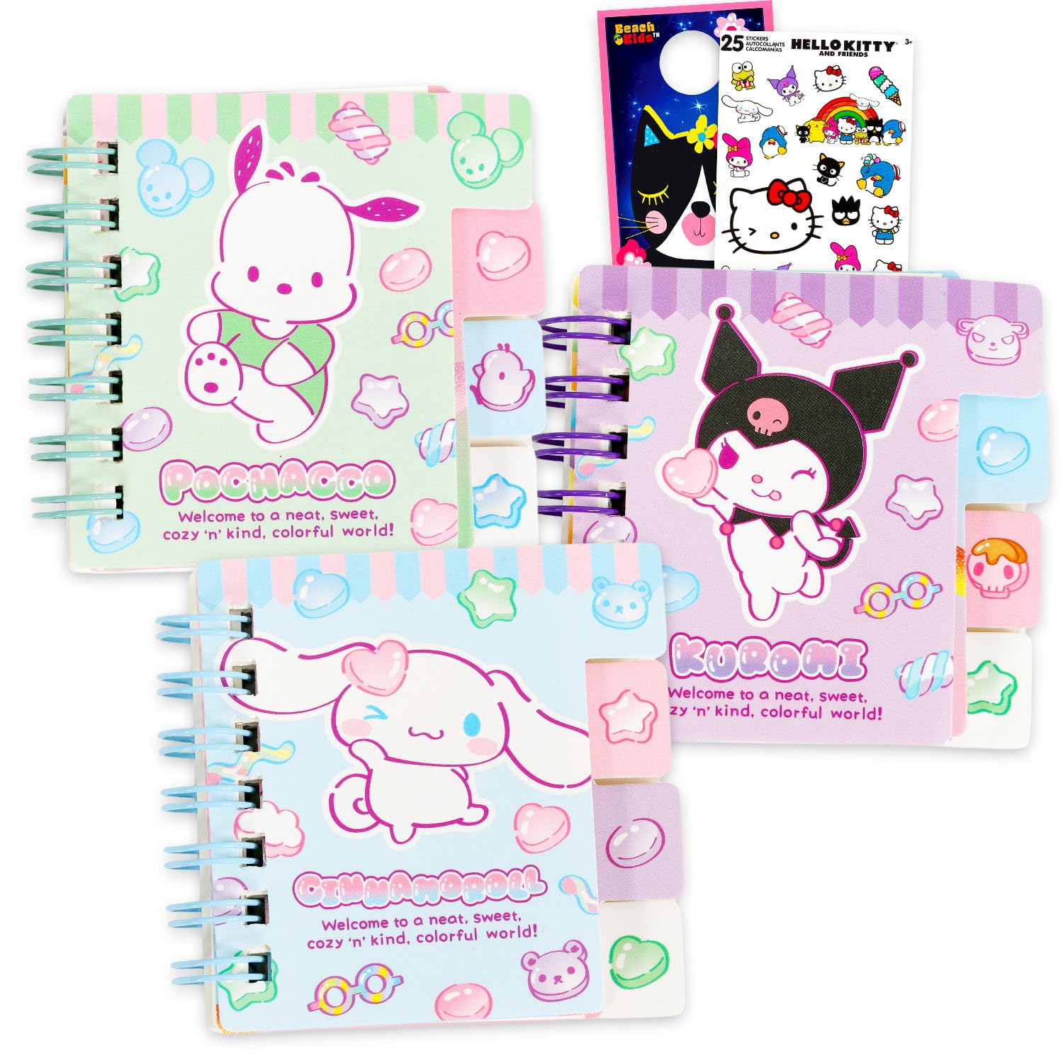 Sanrio 3 Mini Pocket Notebooks Set - Hello Kitty Stationery Bundle Featuring Cinnamoroll, Kuromi, Pochacco Plus Stickers, More | 3 x 3 Inch Sanrio Mini Diaries