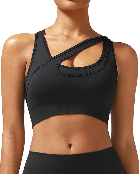 RUNNING GIRL Sports Bras for Women High Support,Seamless Ribbed Longline High Neck Sports Bra Racerback Padded Crop Top Yoga Small B-black