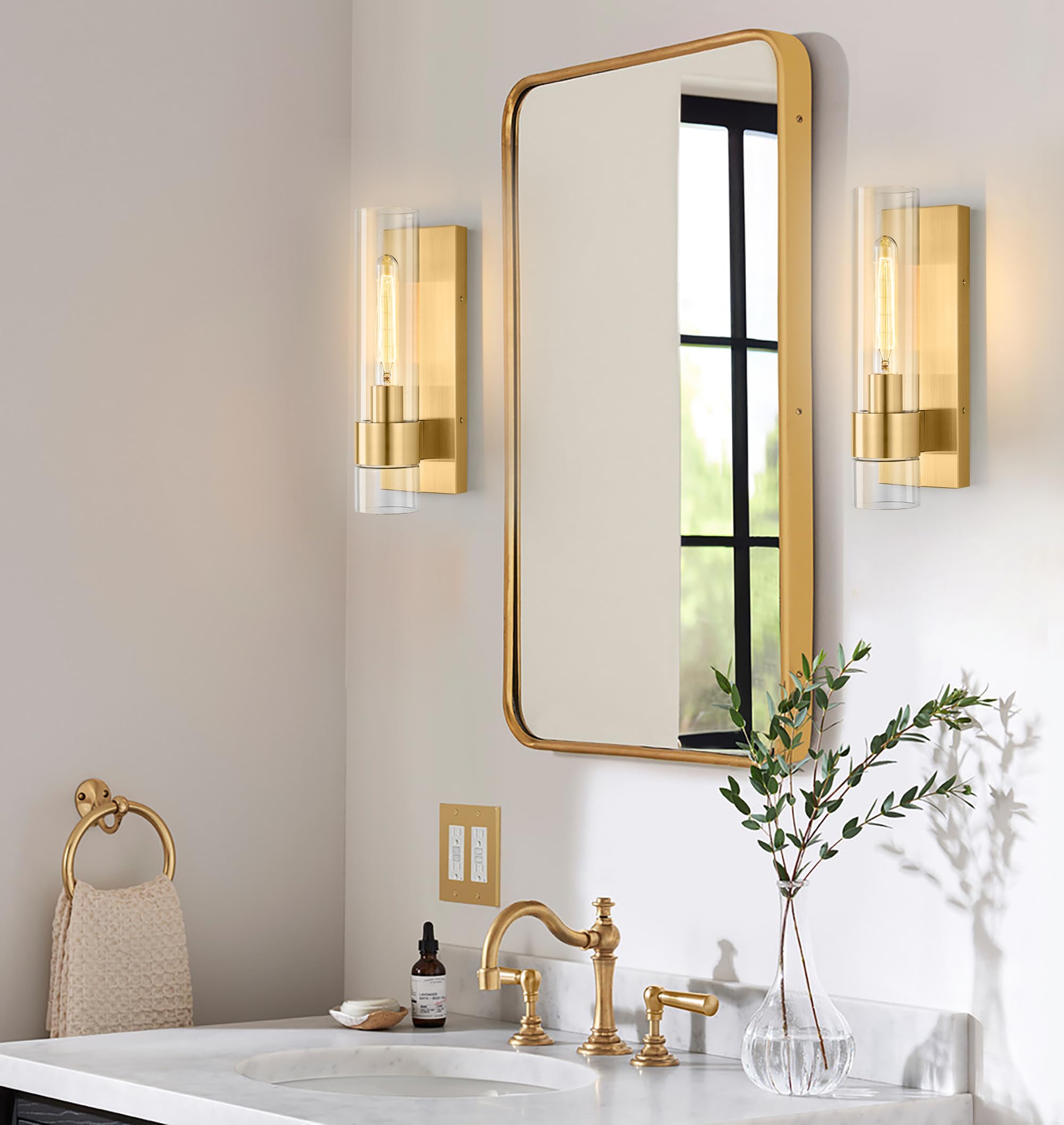 Juego de 2 apliques de pared dorados, modernos apliques de baño, iluminación de pared con vidrio transparente, apliques de baño, juego de 2, apliques de pared interiores para baño, sala de 2