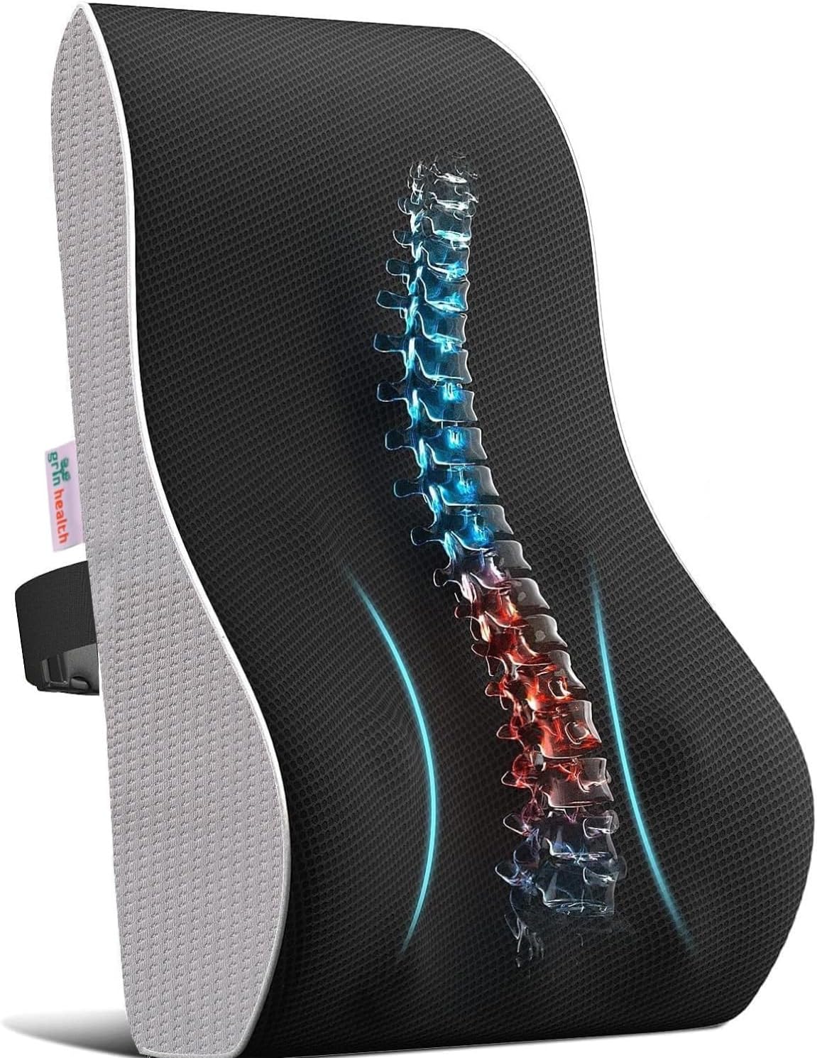 Grin Health Car Backrest Cushion with Lumbar Support for Back Pain Relief While Driving Back Support for Long Drive Car Back Rest Support Memory Foam Cushion, Black-Grey