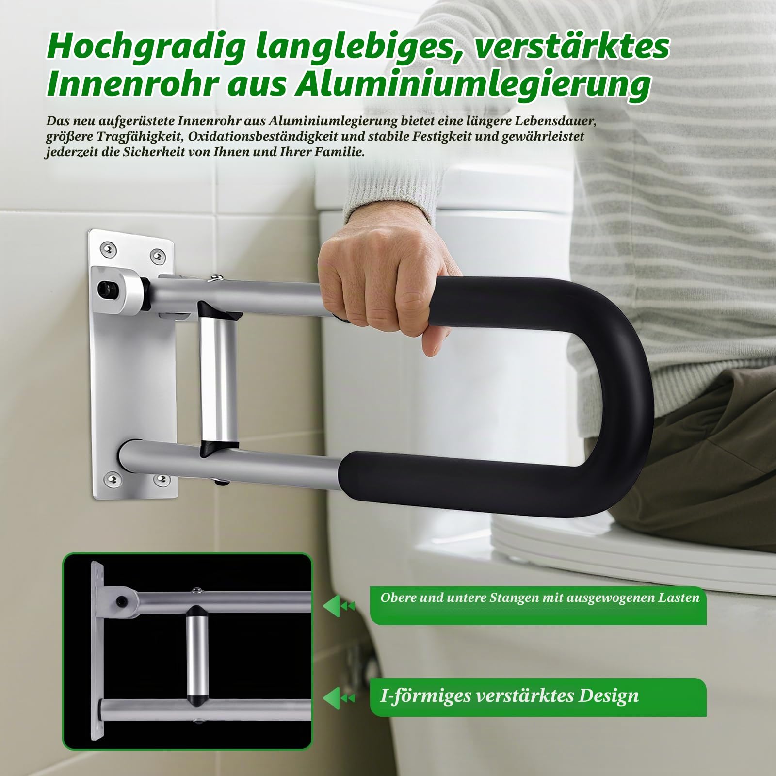 Haltegriff für Senioren, Klappbar Aufstehhilfe Toilette für Senioren | Behinderten WC Haltegriff 60CM, Rutschfest Handläufe für Die Toilettenpflege, Toilettenhaltegriff mit Tragfähigkeit 120KG