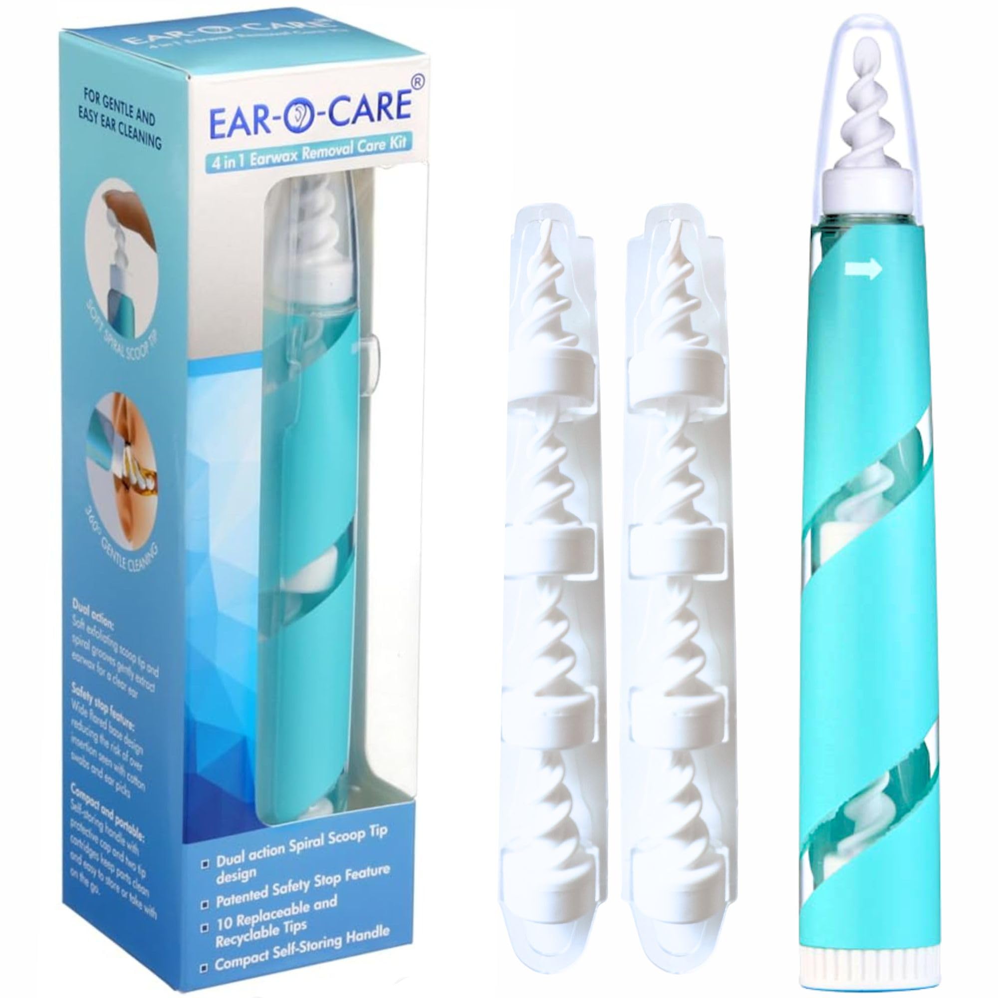 Ear-O-Care 4-in-1 Ear Wax Removal Kit Dual-Action Spiral Scoop Soft Silicone Tips Gentle Ear Wax Removal Tool Patented