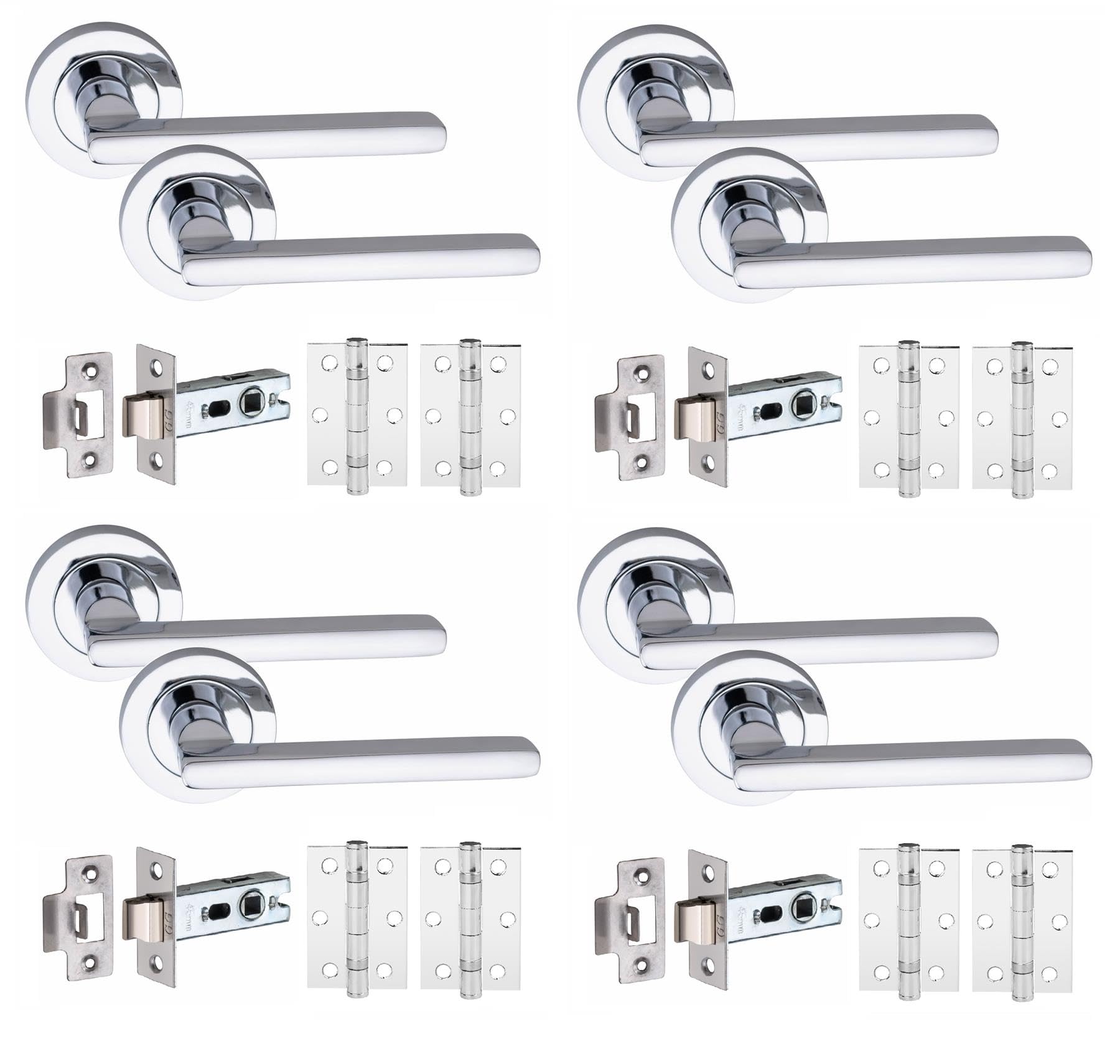 Golden Grace 4 Set Leon Design Door Handles with Tubular Latch and 1 Pair of 3" Ball Bearing Hinges Polished Chrome Finish