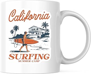 Bliss Monkey Co. California Surfing Coffee Mug - Summer Camp Beach House Design - 11 Ounce Ceramic Coffee Mug - Premium Quality Ceramic - Design Printed On Both Sides - BMCM18162