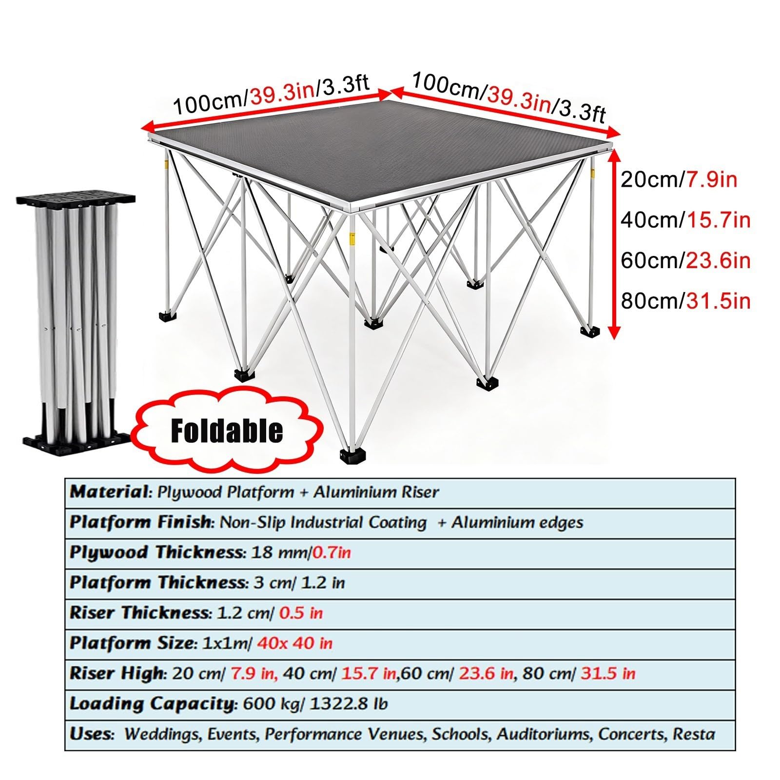 Tragbares Bühnenpodest tragbare Bühne 3 x 3 ft (ca. 91 x 91 cm) 2-teilige Bühnenpodeste mit klappbaren Beinen, 20, 40, 60, 80 cm H, rutschfeste Oberfläche, tragbare Bühnenplattform(H 23.6in/60cm)