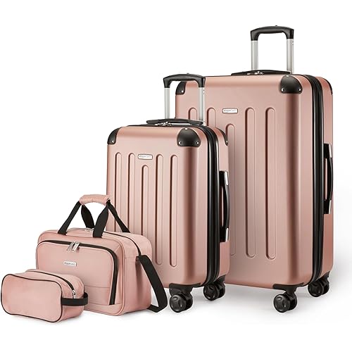 Amazon Basics 4-Piece Luggage Set, Including Two Hardside Suitcases With Multidirectional Spinner Wheels (22" CarryOn and 28" Checked), Plus 15-inch Tote Bag and 10-inch Compact Travel Bag, Rose Gold