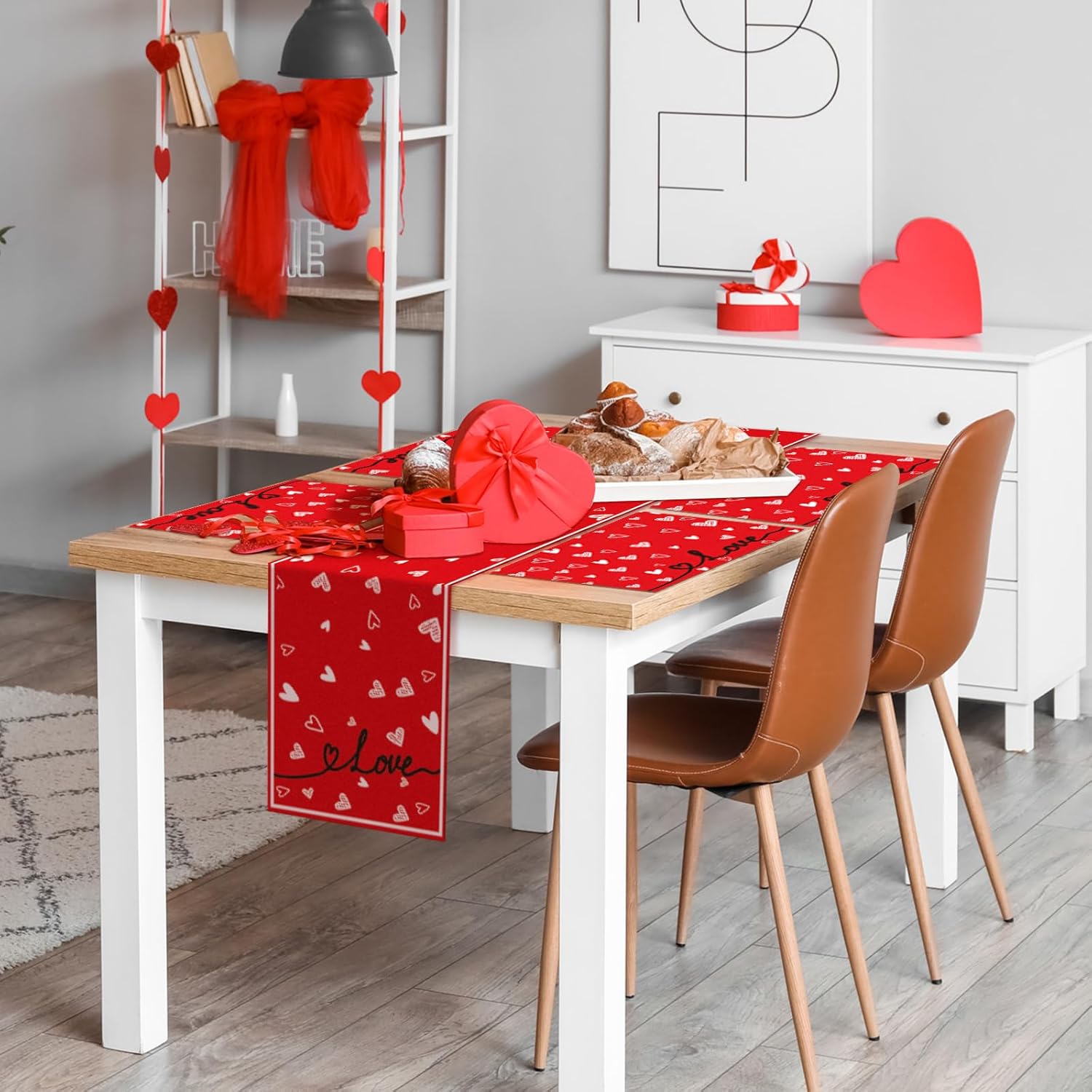VitalCozy 7 Pcs Valentines Day Table Runner and Placemat Set 72 x 13 Inch Red Love Hearts Runner Anniversary Valentines Table Mat for Holiday Kitchen Dining Wedding Decoration