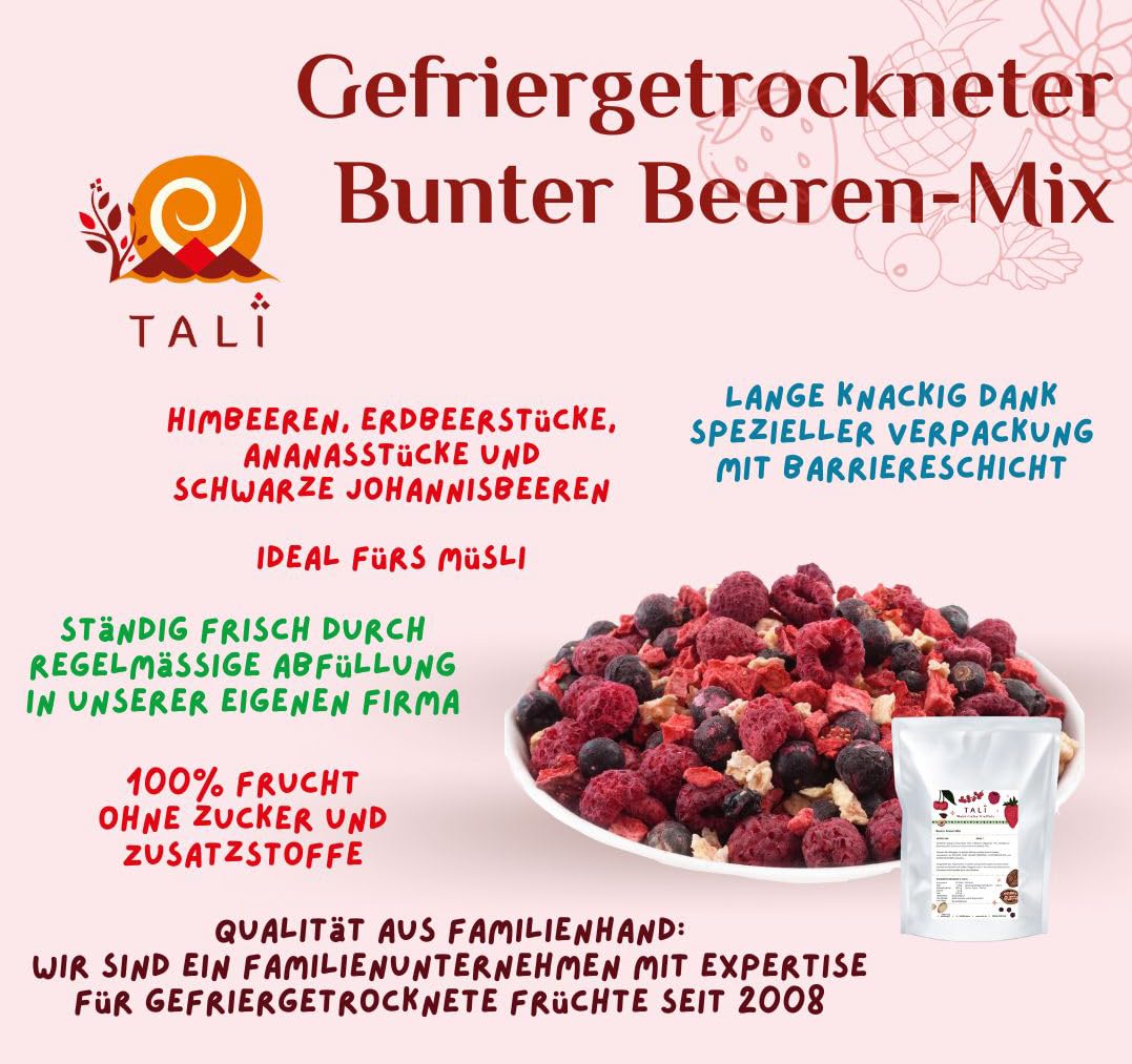 TALI Bunter Beeren Mix 1000 g | Gefriergetrocknete Ananas, Erdbeeren, Himbeeren, Schwarze Johannisbeeren