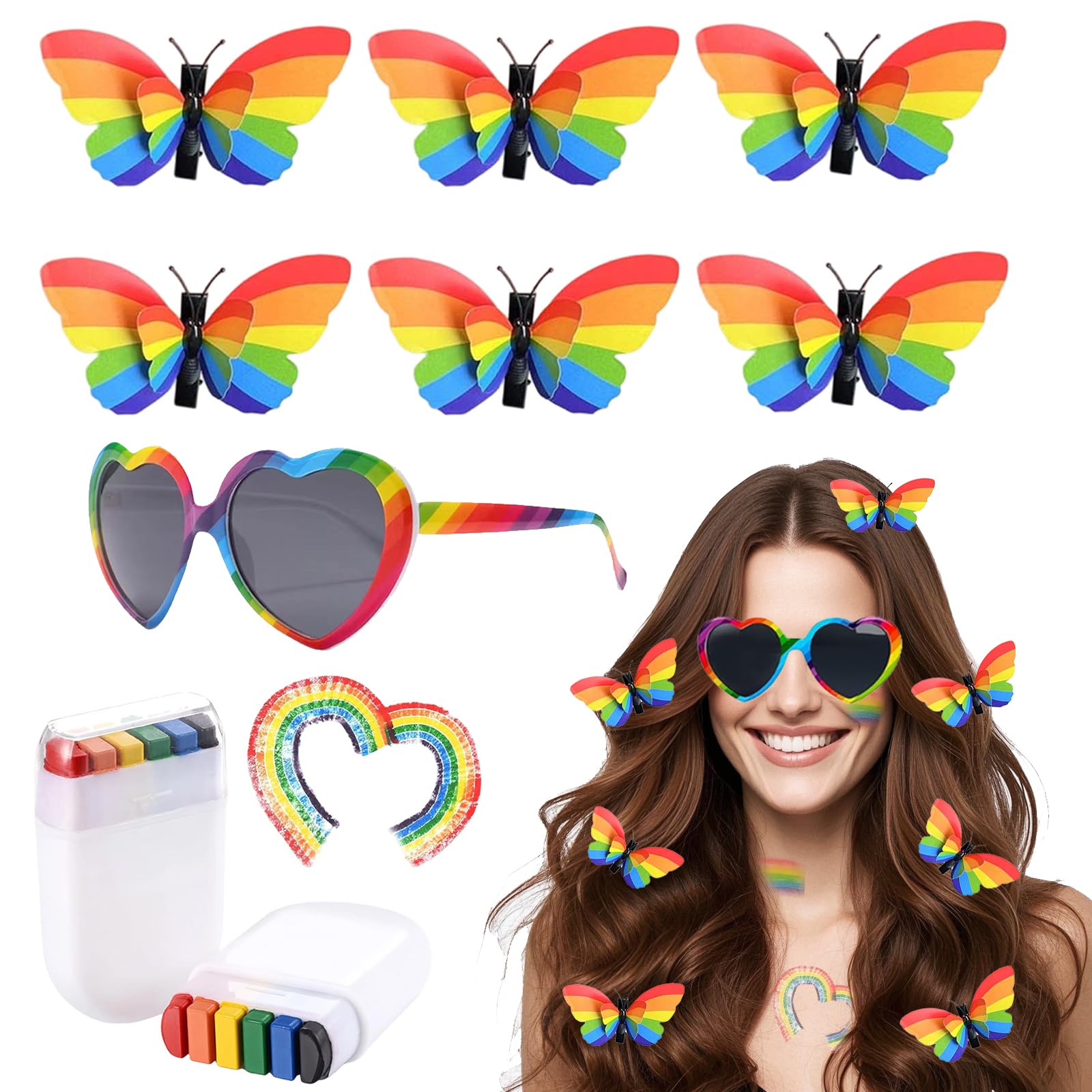 Moerstar Rainbow Butterfly Hair Clip Set, Pride Accessories Set with Rainbow Face Paint and Glasses, for Pride Month Party Parades Accessories Festival Decorations
