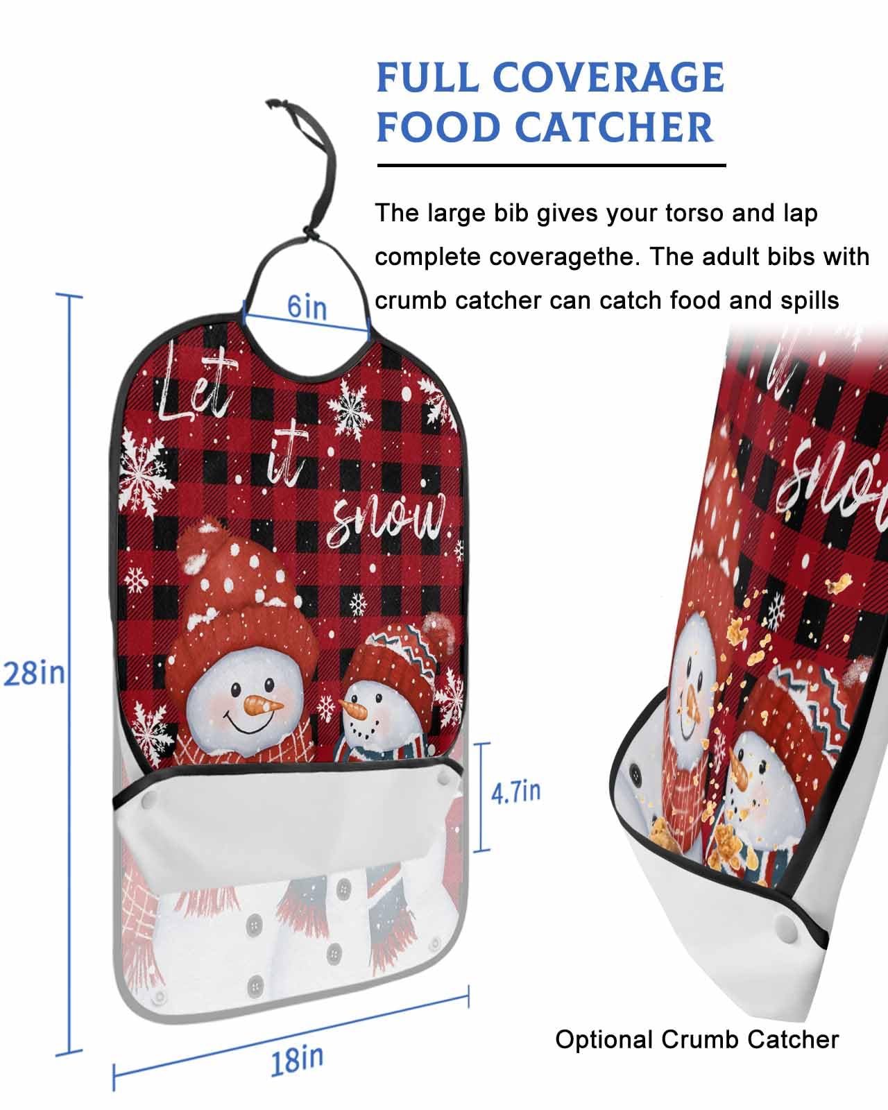 Christmas Adult Bibs for Eating, Christmas Snowman Red Black Buffalo Classical Washable Elderly Adult Bibs for Men Women Large Reusable Adjustable Clothing Protector with Optional Crumb Catcher