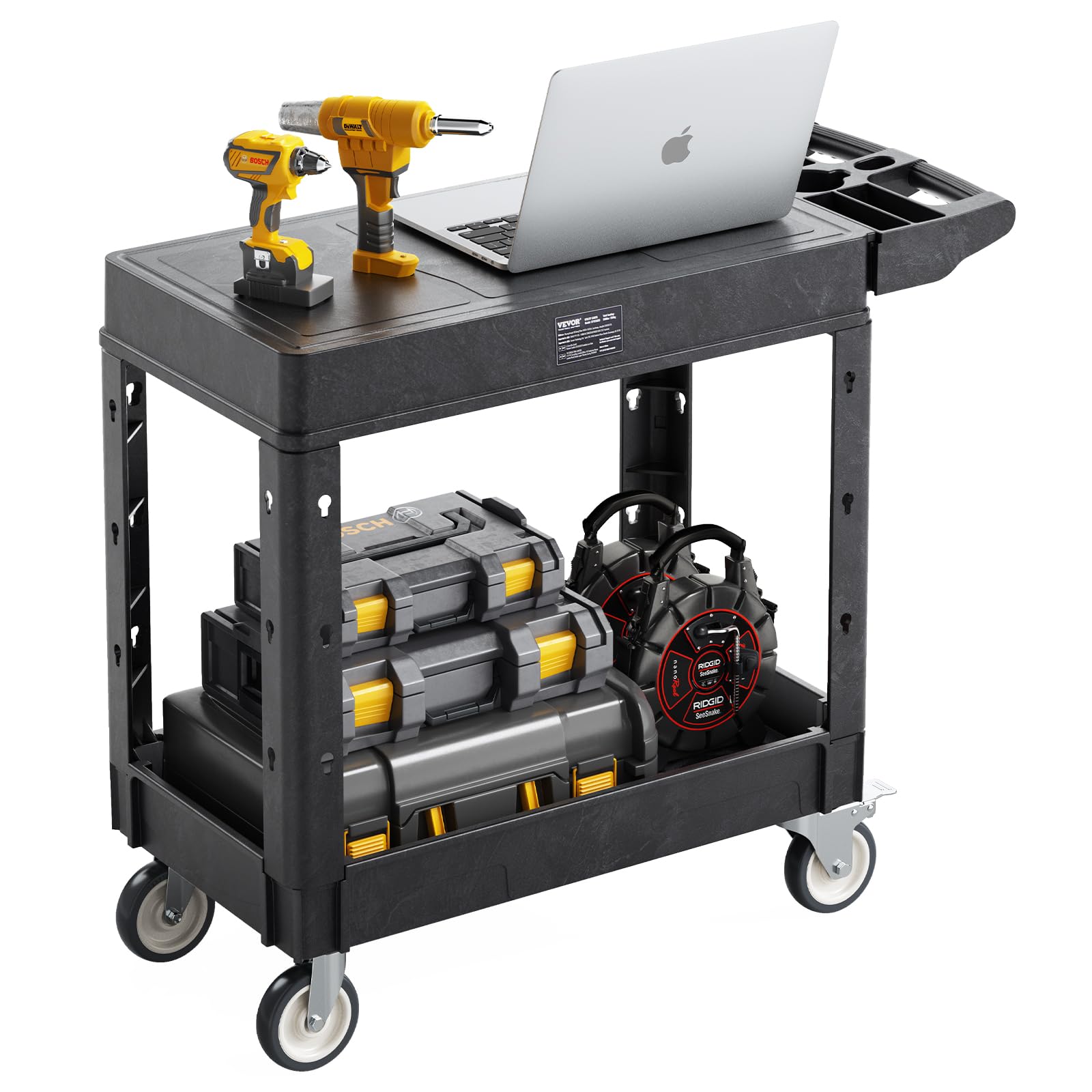 VEVOR Carrello Portaoggetti in Plastica Resistente a Due Ripiani con Ruote Girevoli a 360° Carrello di Servizio da 795 x 450 mm Capacità di Carico di 250 kg Adatto per Magazzino, Garage, Pulizia