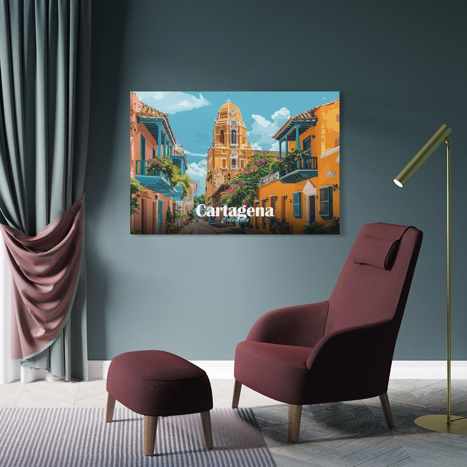 Junmoney Frame-Style-8 'Cartagena, Colombia Street Scene Canvas Wall Decor, 24X36inch(60X90cm), For Flats, Guest Rooms Or Compact Rooms, Decorative Canvas Decor For Home Updates