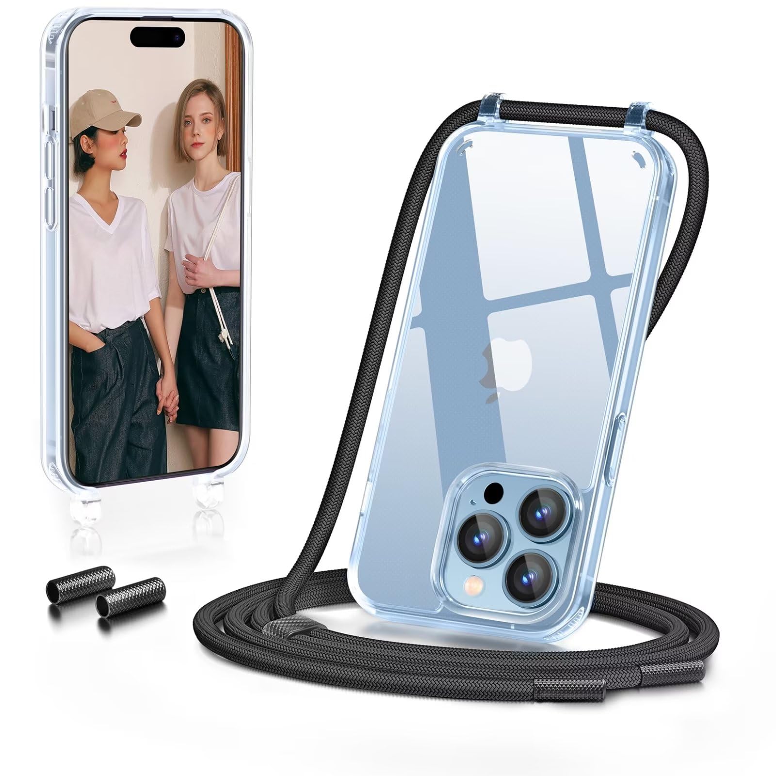 GOODVISH Handykette für iPhone 15 Pro Hülle mit Band, Kameraschutz und Bildschirmschutz | Necklace Handyhülle mit Schnur Schutzhülle für zum Umhängen | Transparent Case mit Kordel, Schwarz
