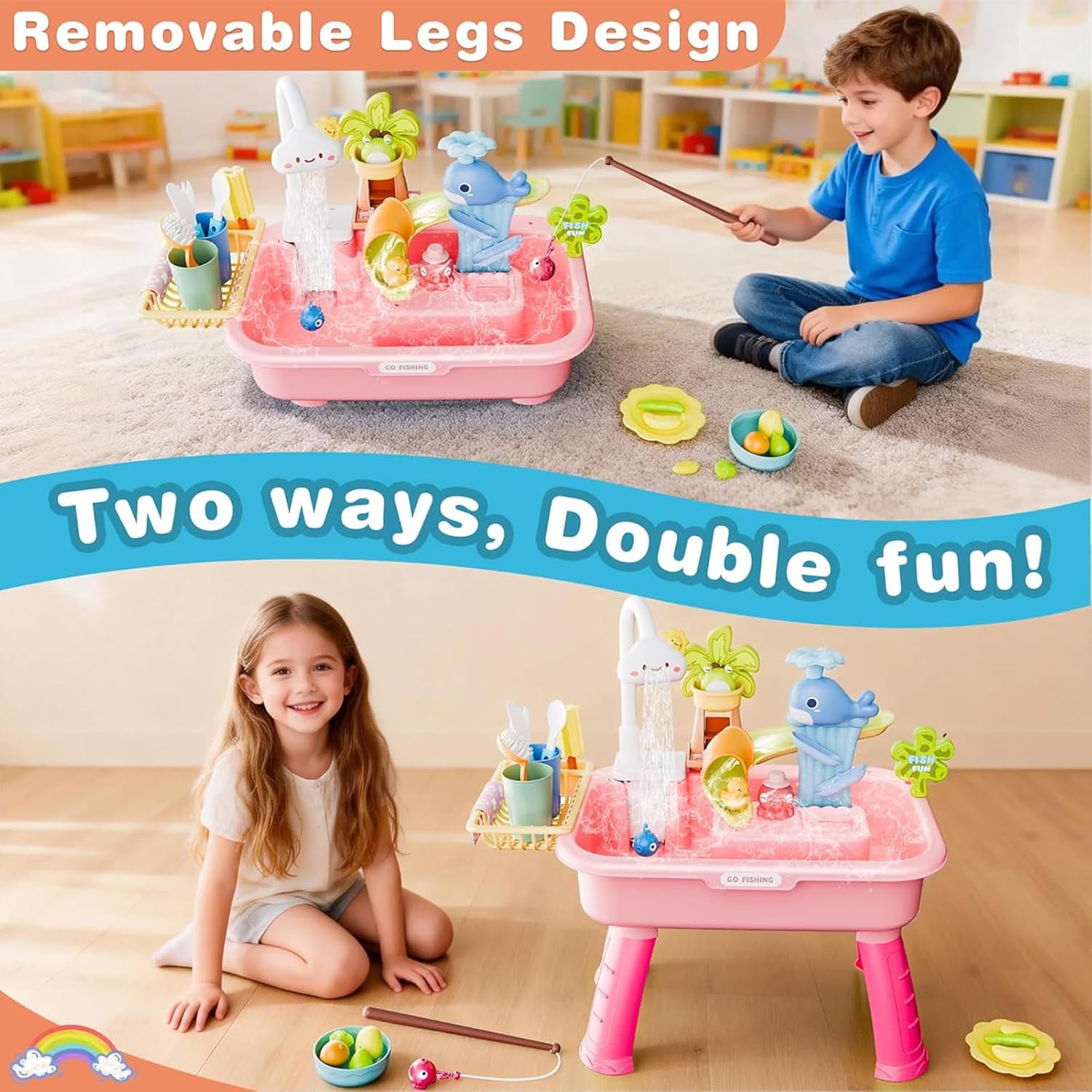 Aquatic Activity Table – Fishing Game Set, 4 in 1 Children's Sink with Running Water and Pump – for Boys and Girls from 4 to 8 Years, Summer Outdoor Swimming Pool