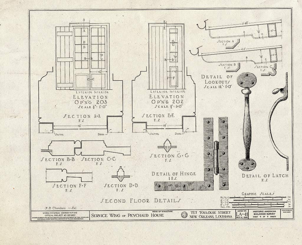 Historic PictoricBlueprint HABS LA,36-NEWOR,17- (Sheet 4 of 5) - Vieux Carre Squares, Peychaud House (Service Wing), 727 Toulouse Street, New Orleans, Orleans Parish, LA 14in x 11in