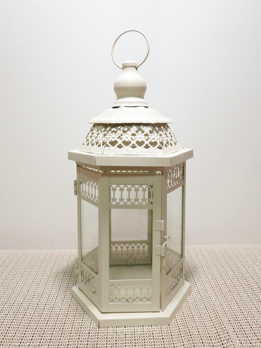 Ryocas Decorative Candle Lantern - Moroccan Style Hexagon White Carved with Glass, 12-Inch