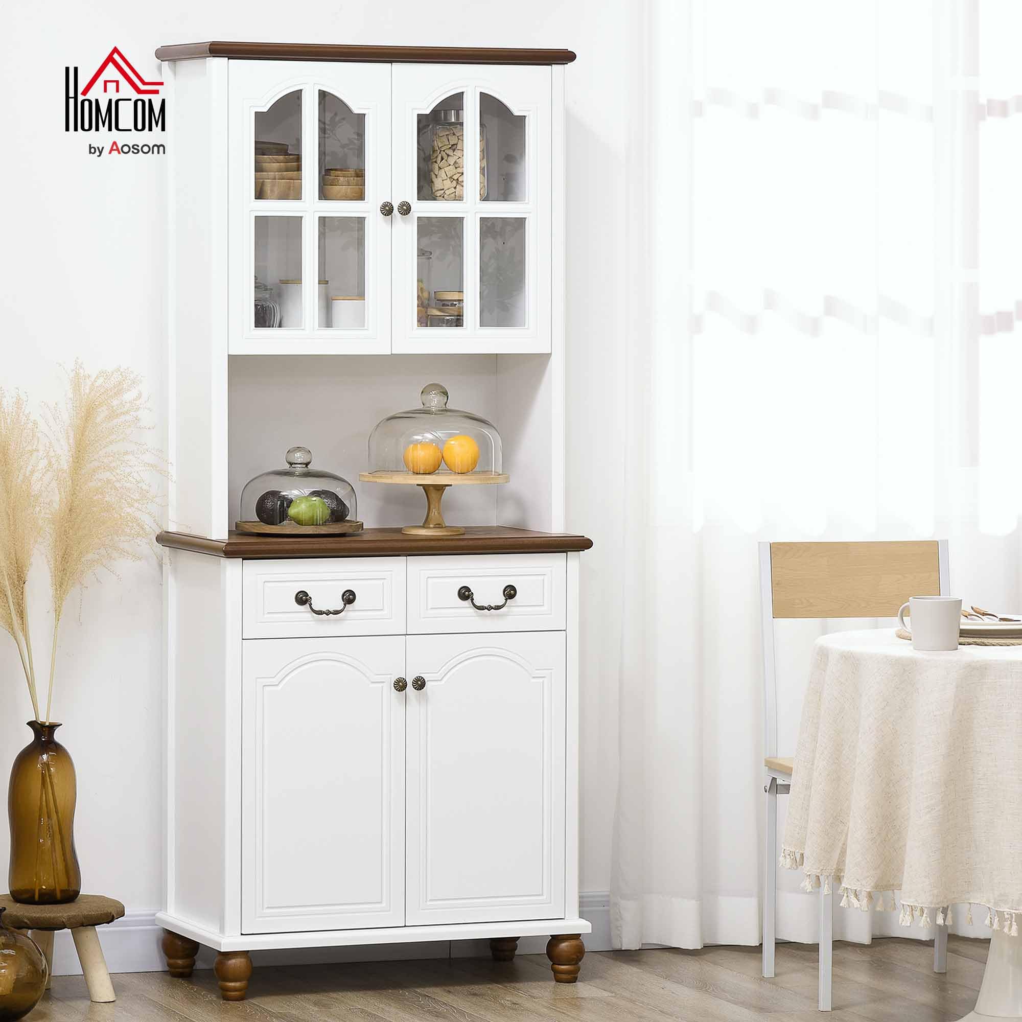HOMCOM Küchenschrank Hochschrank mit Arbeitsplatte Weiß 76 x 38 x 182 cm | 4 Türen, 2 Schubladen, Buffetschrank, Mikrowellenschrank, Verstellbare Ablagen, Soft-Close-Funktion