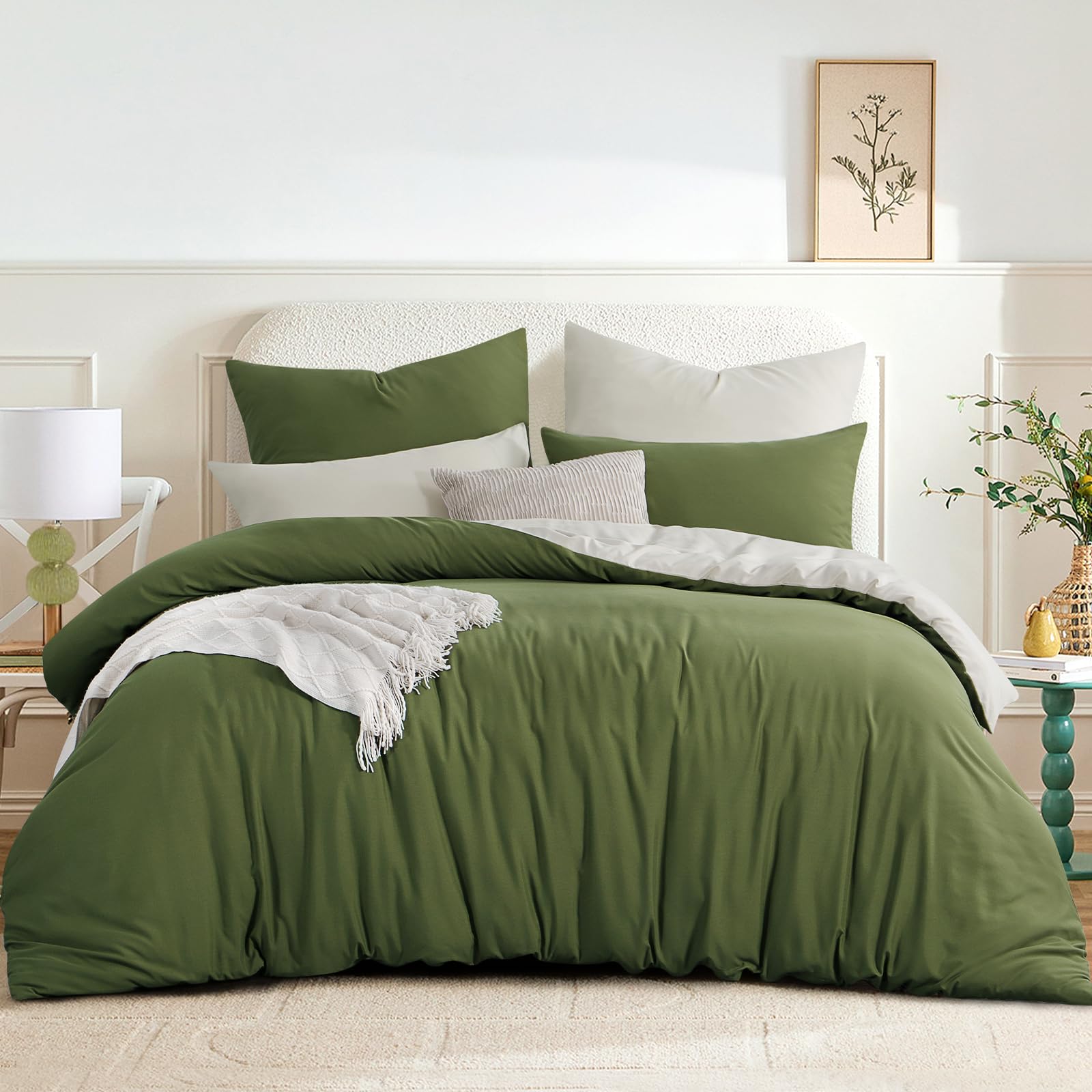 RUIKASI Bettwäsche 200x200 Olive Grün Beige 3teilig - Wendebettwäsche Bettbezug 200 x 200 mit Reißverschluss, Oeko-TEX Mikrofaser Bettwäsche Sets, Weich und Bügelfrei