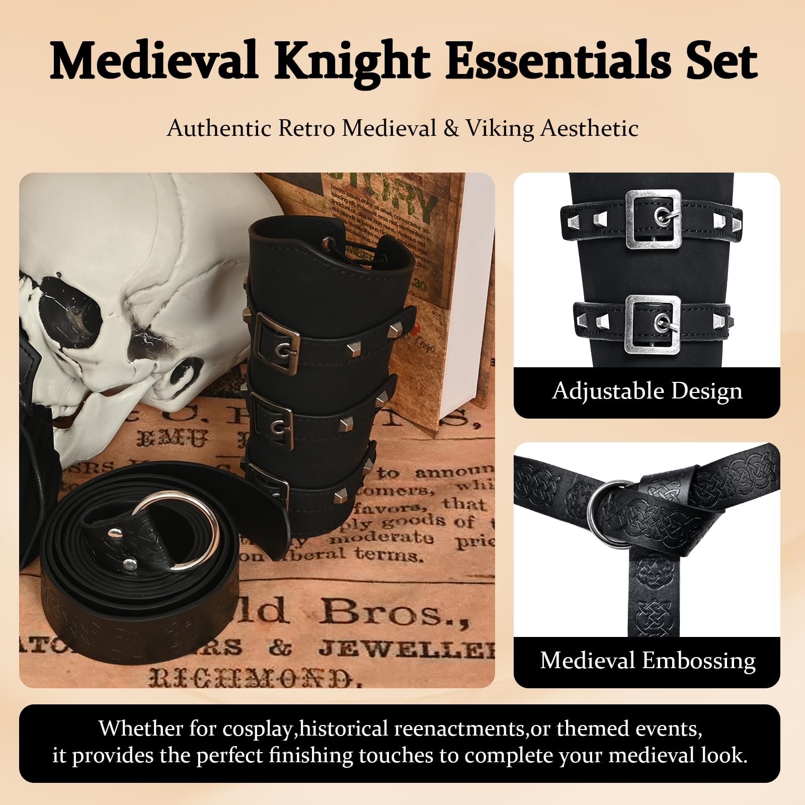 3PCS Medieval Knight Accessories Set - Renaissance Viking Style Cloak Scarf, Leather Belt, Buckle Straps, Black - Image 4