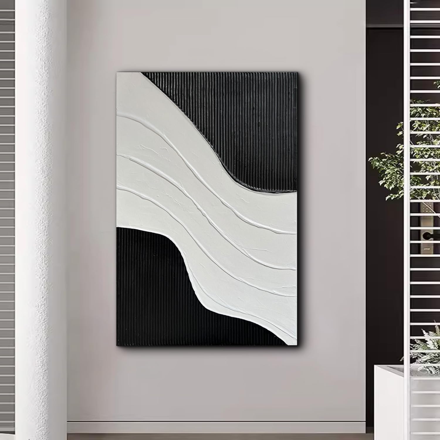 Creespi Hand-Painted Black and White Abstract Canvas Wall Art,Minimalist Thick Textured Oil Painting for Wall Decor 24x36 inch