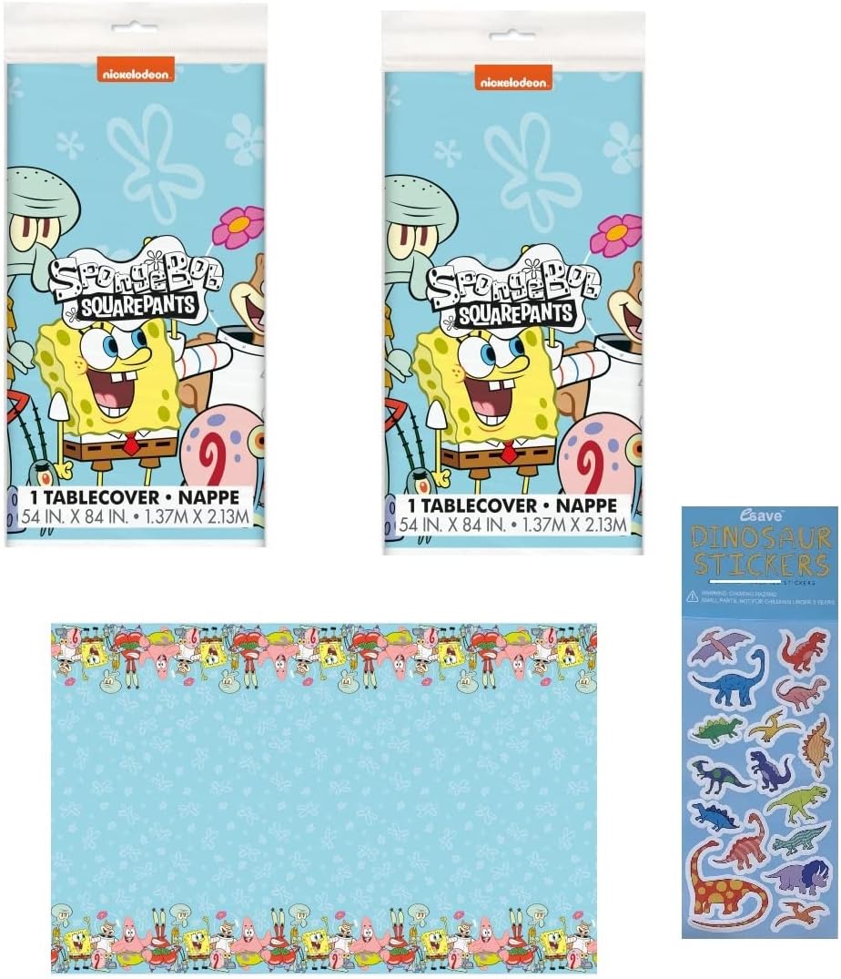Spongebob Squarepants Birthday Party Supplies Bundle Pack Includes 2 Plastic Table Covers and 1 Dinosaur Sticker Sheet