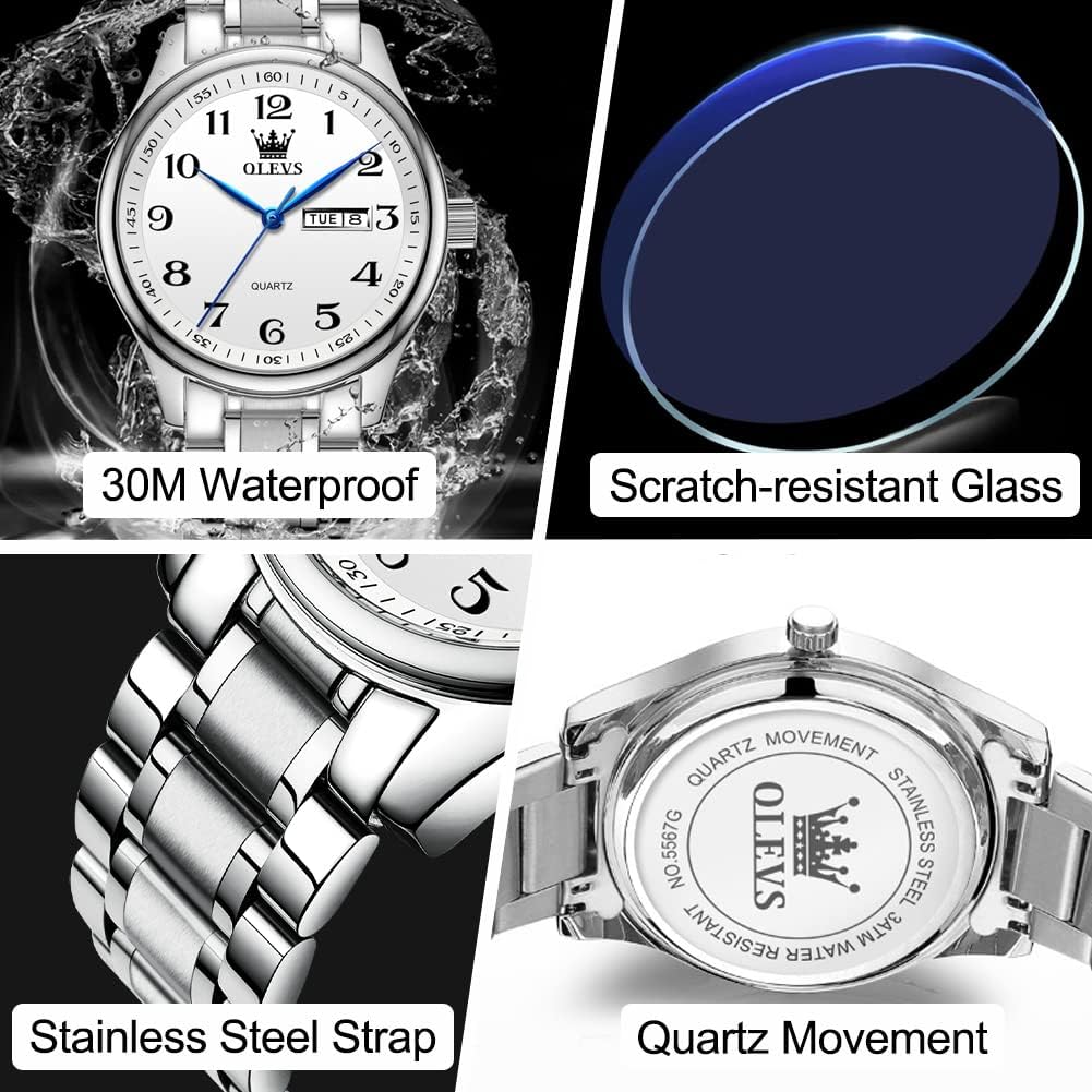 OLEVS Men's Luxury Stainless Steel Watch, Big Face Gold Silver Two Tone Three Hand Analog Quartz Watch, Easy to Read Waterproof Luminous Day Date Wrist Watches for Men