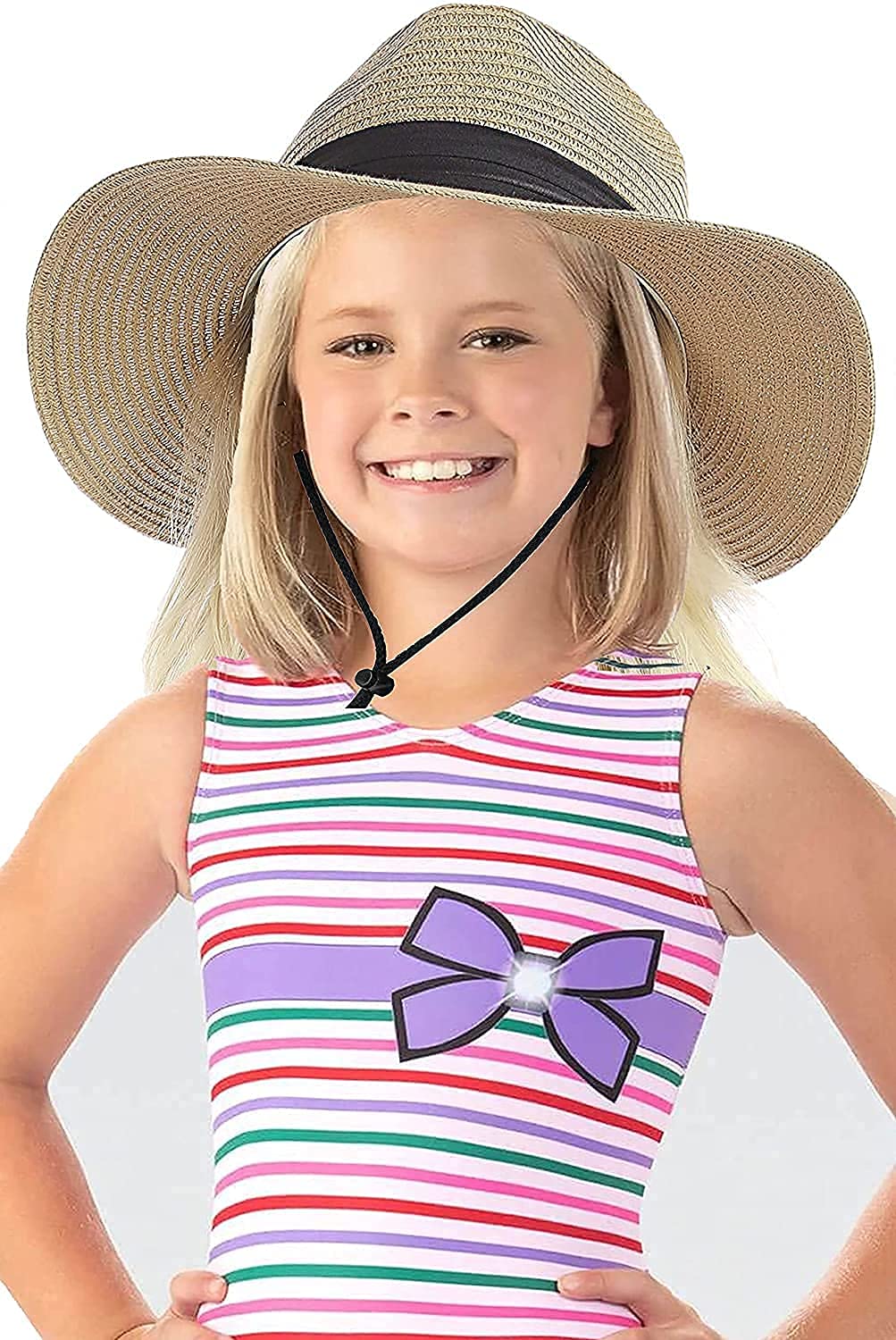 Chapeau de paille pour filles et garçons - Chapeau de soleil - Chapeau de soleil d'été à large bord - Fedora Panama pour enfants (5-9 ans)