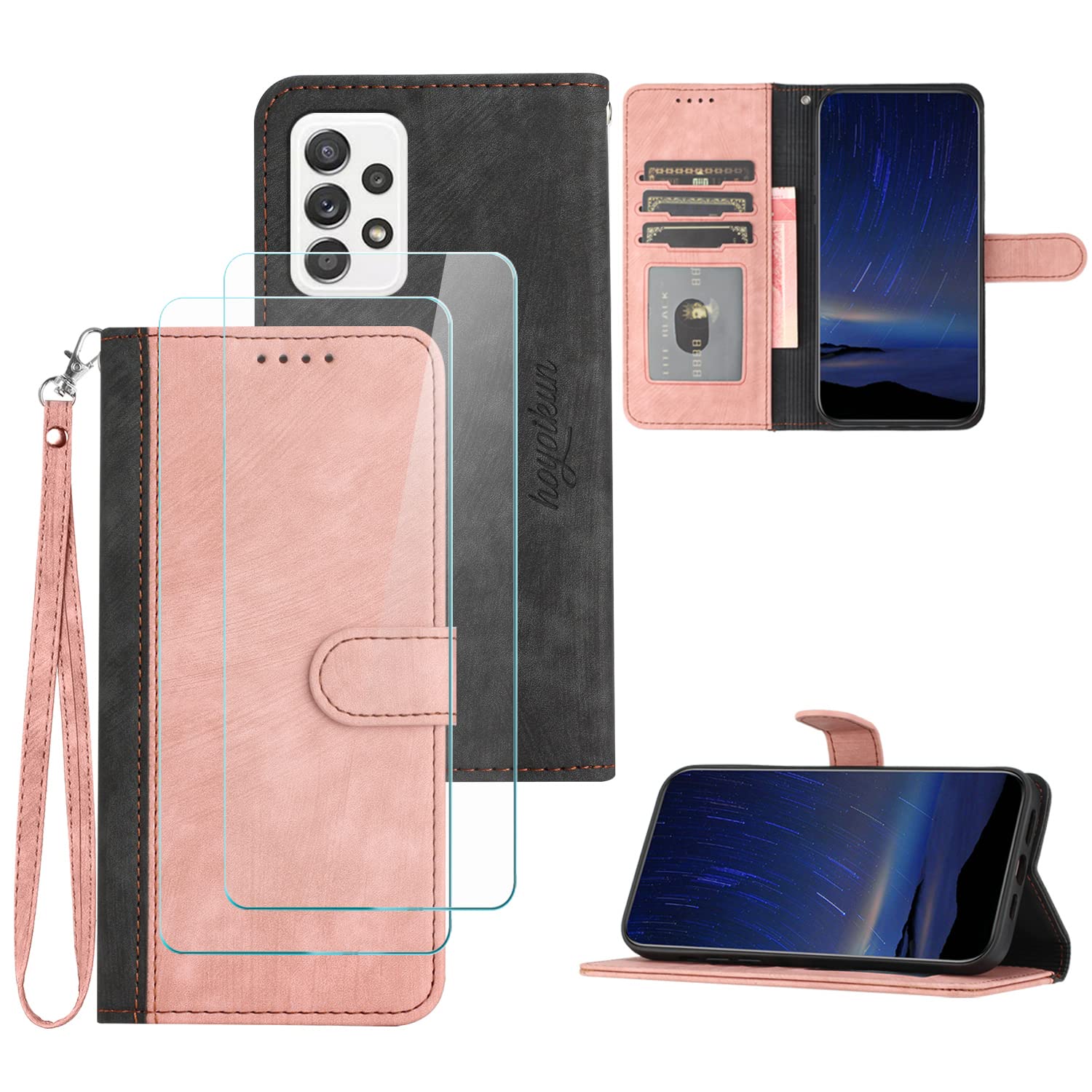 Hoyoikun Funda Compatible con Samsung Galaxy A53 5G,Regalar 2 Piezas Protector de Pantalla.Flip Leather Edition,Funda de Cuero PU con Cáscara de TPU,[Soporte Plegable] [Cierre magnético]-Rosa