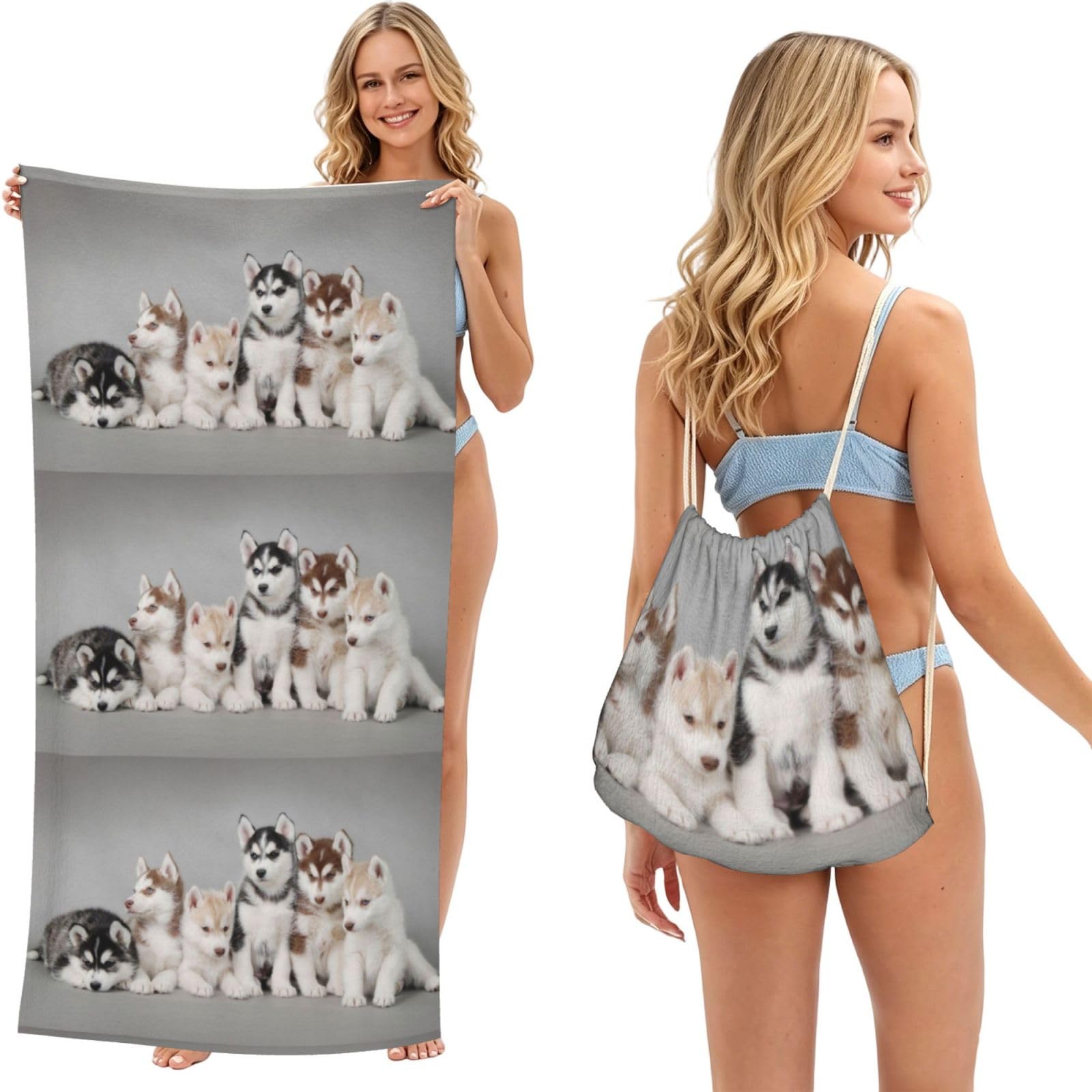 Poadnly As Picture Husky Huskie Dogs, 2 In 1 Packable Towel Bag, Beach Towels With Drawstring Backpack For Travel Holiday Camping