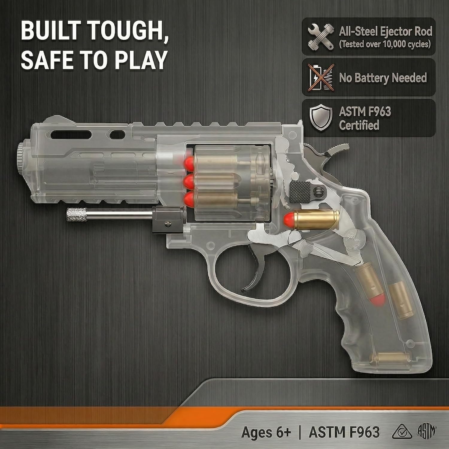 Tactical Gray Revolver Toy Gun for 8+ Year Olds - Training Blaster with Steel Ejector Rod, 18 Shells & 100 Foam Bullets, 32FT Range, Auto-Loading Cylinder for Outdoor Games