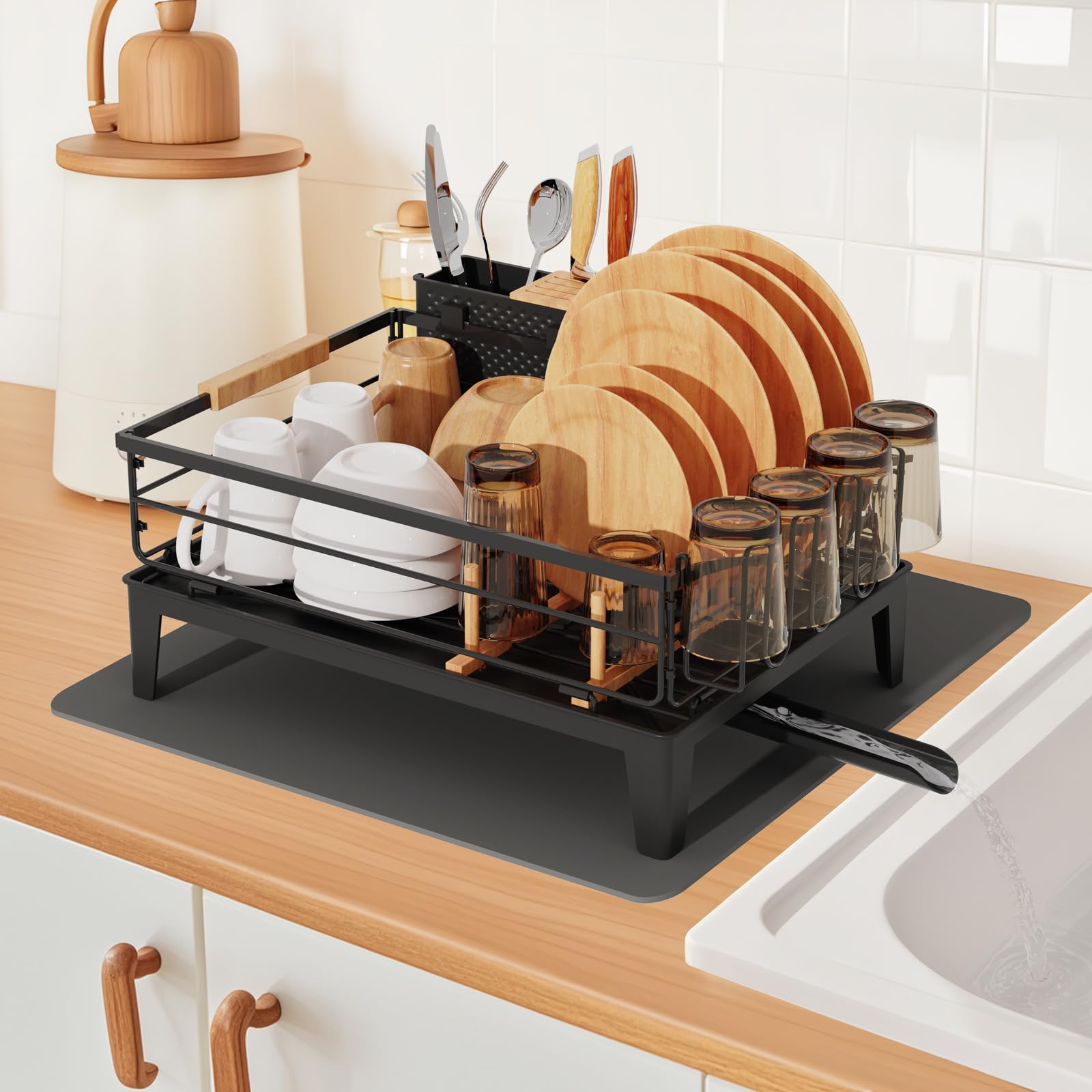 JYPS Dish Drying Rack with Drainboard Auto-Drain, Space-Saving Dish Rack Drainers for Kitchen Counter Decor with Bamboo Knife Holder, Cup Holder, Mat (Black)
